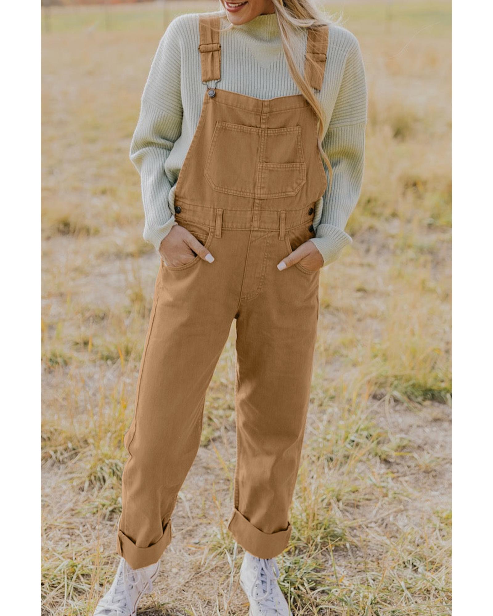 Khaki Vintage Multi Pockets Buckle Strap Cargo Denim Overalls - XL 3