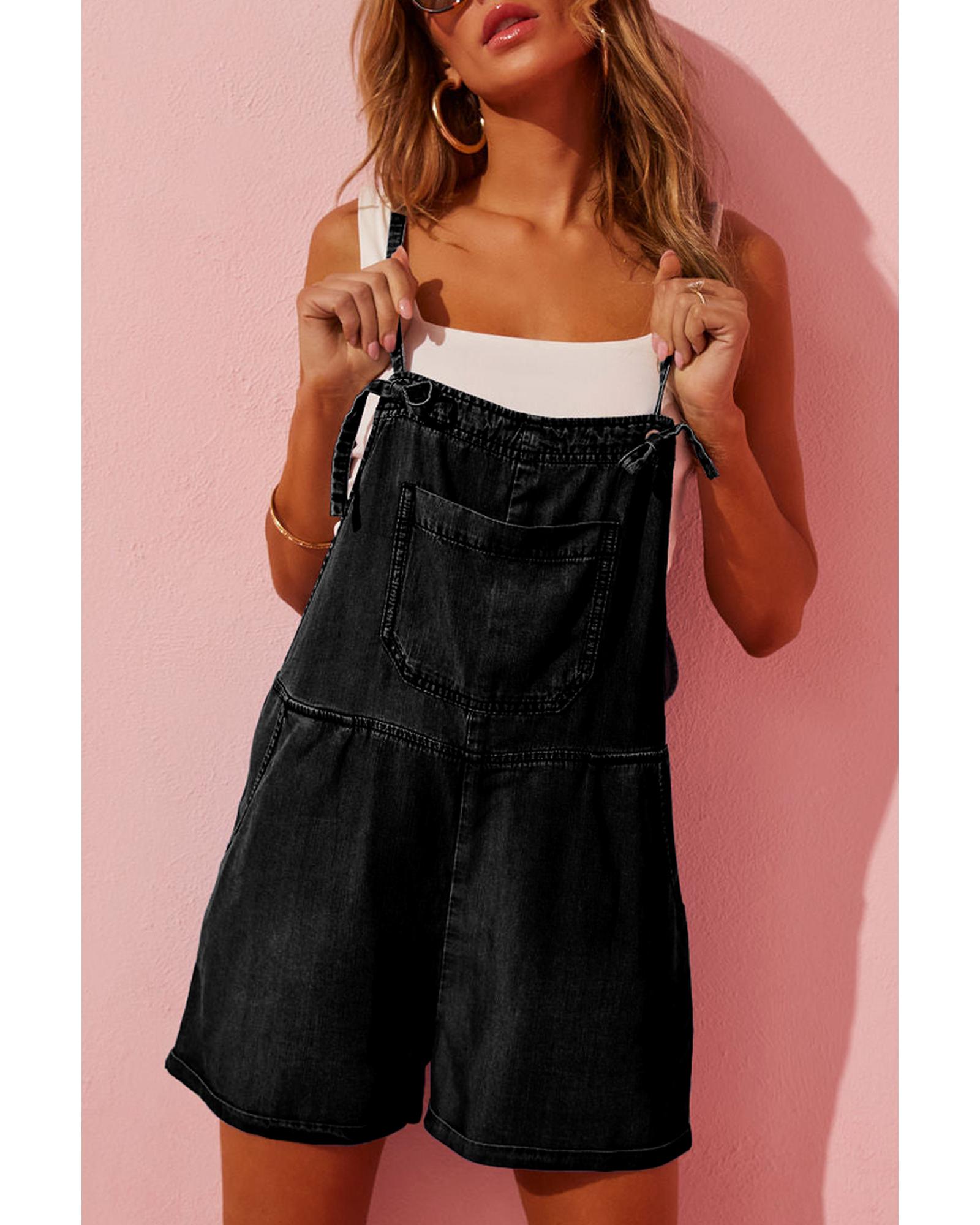 Black Grommet Tie Straps Casual Denim Romper - L