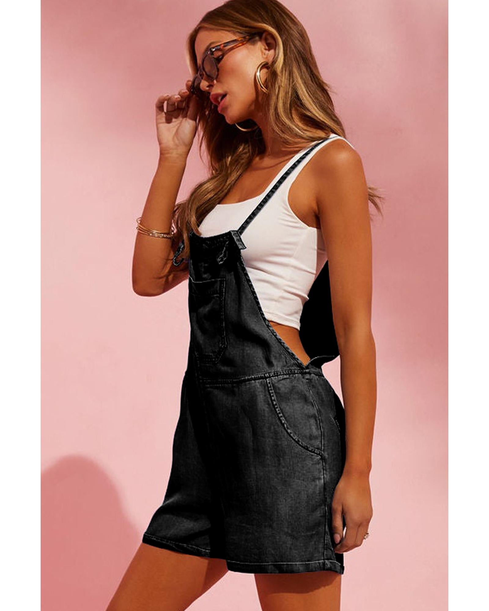 Black Grommet Tie Straps Casual Denim Romper - L 5