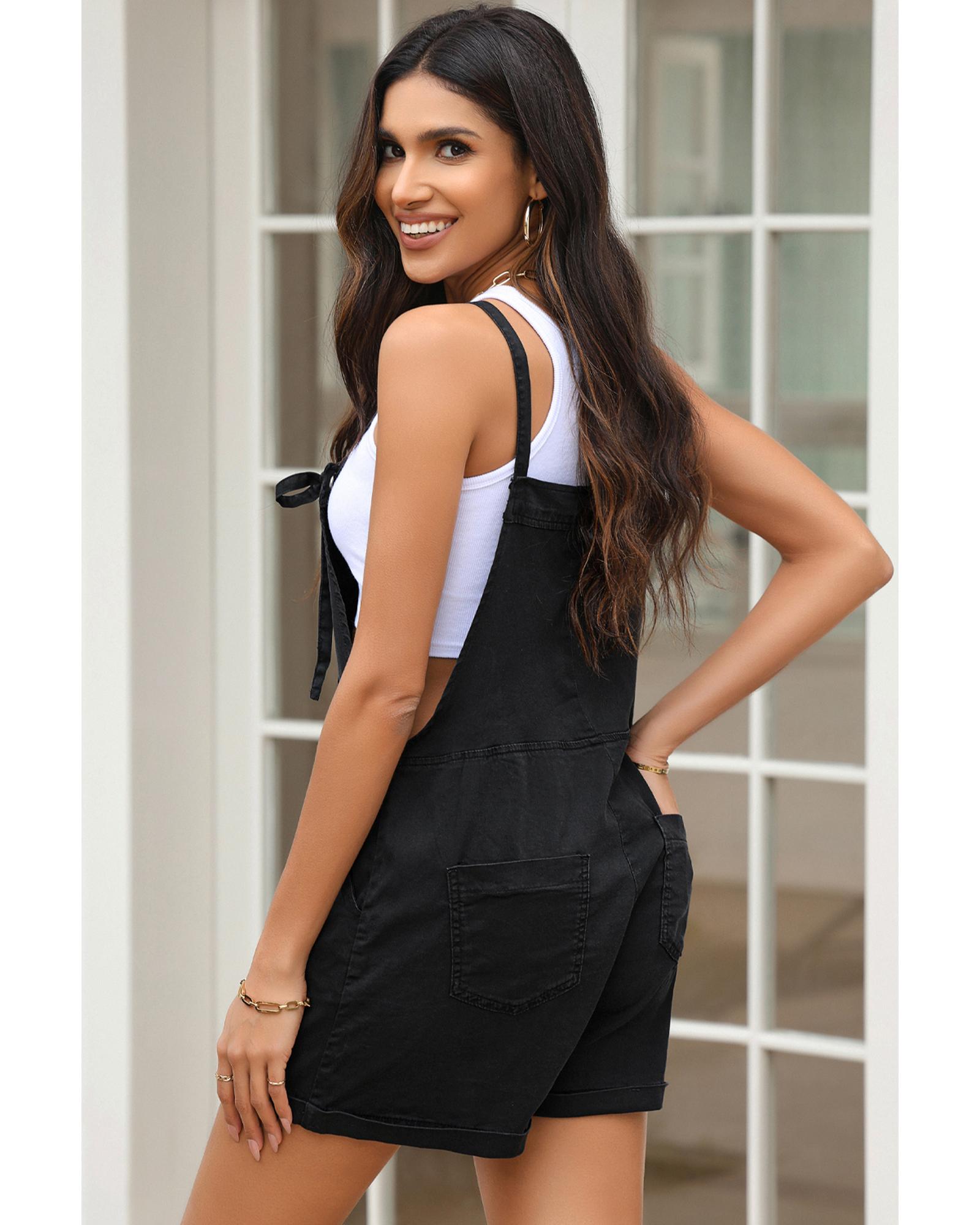 Black Grommet Tie Straps Casual Denim Romper - L 6
