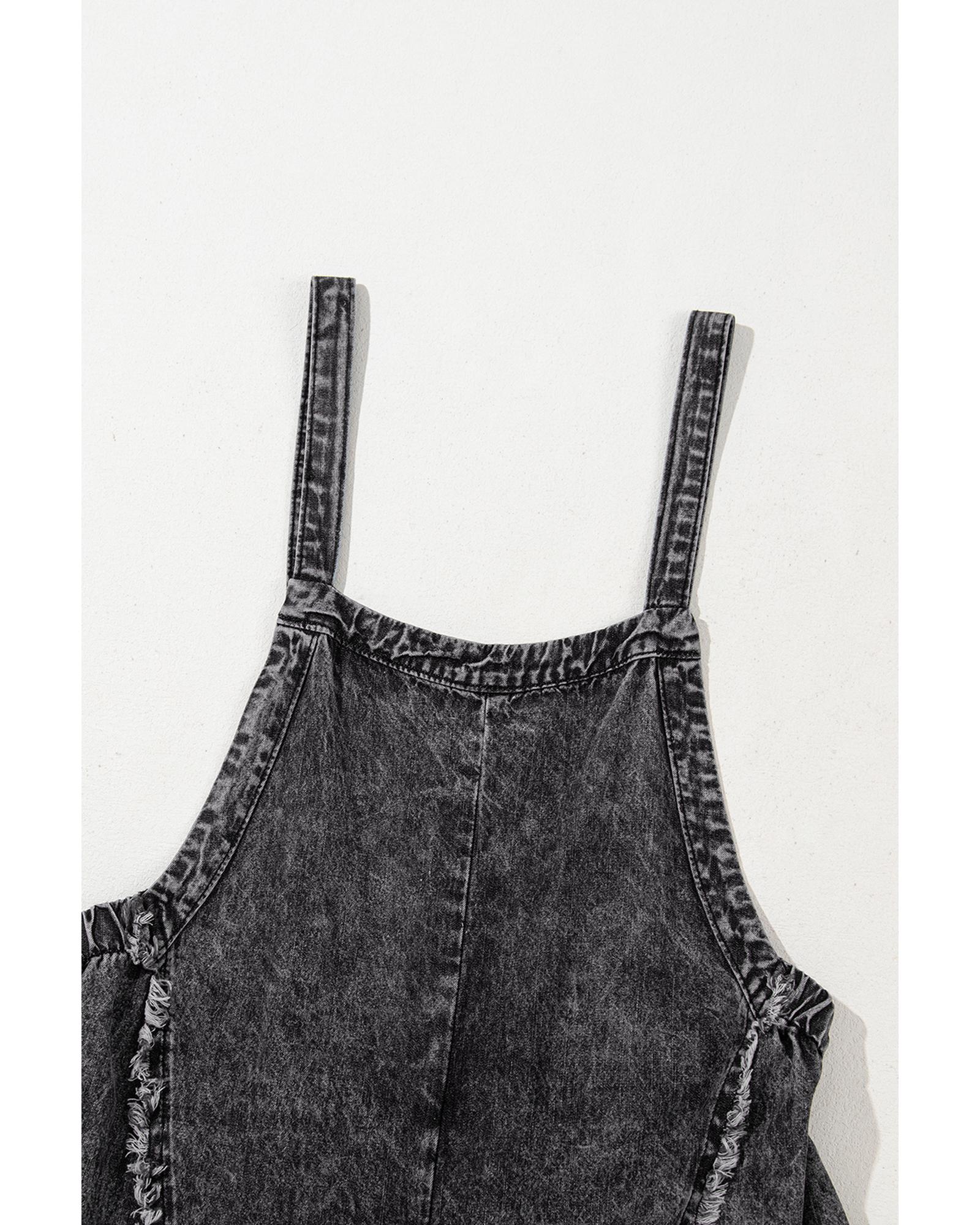 Dark Grey Light Wash Frayed Exposed Seam Wide Leg Denim Overall - S 3