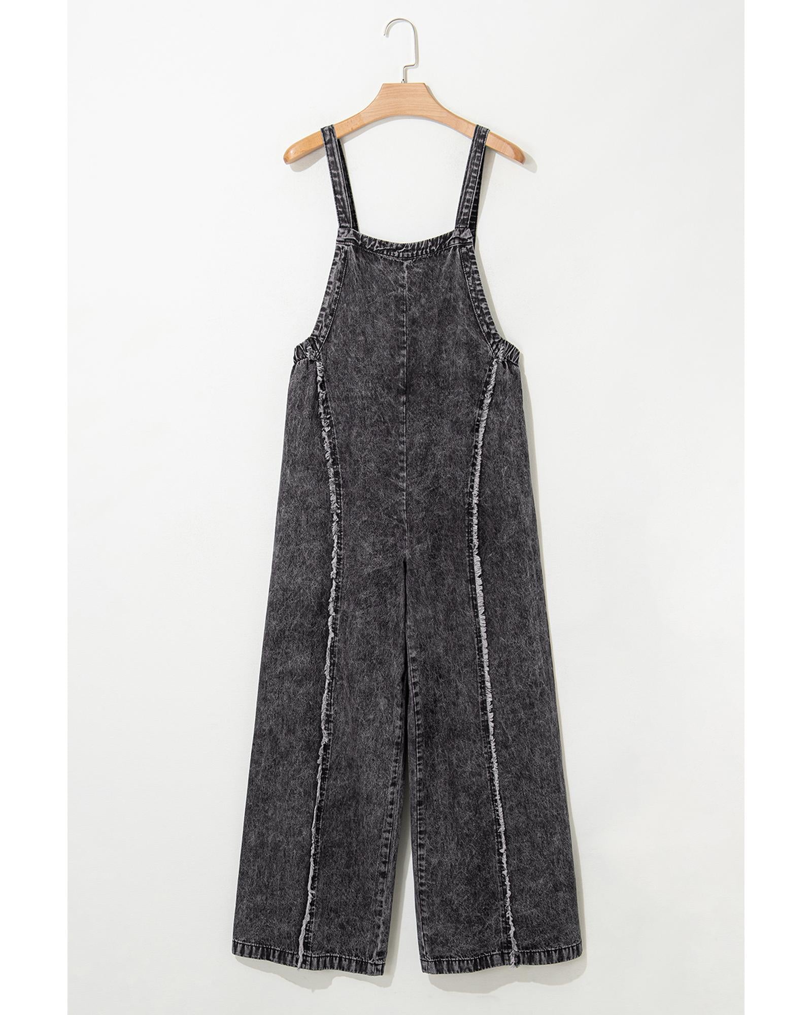 Dark Grey Light Wash Frayed Exposed Seam Wide Leg Denim Overall - S 4