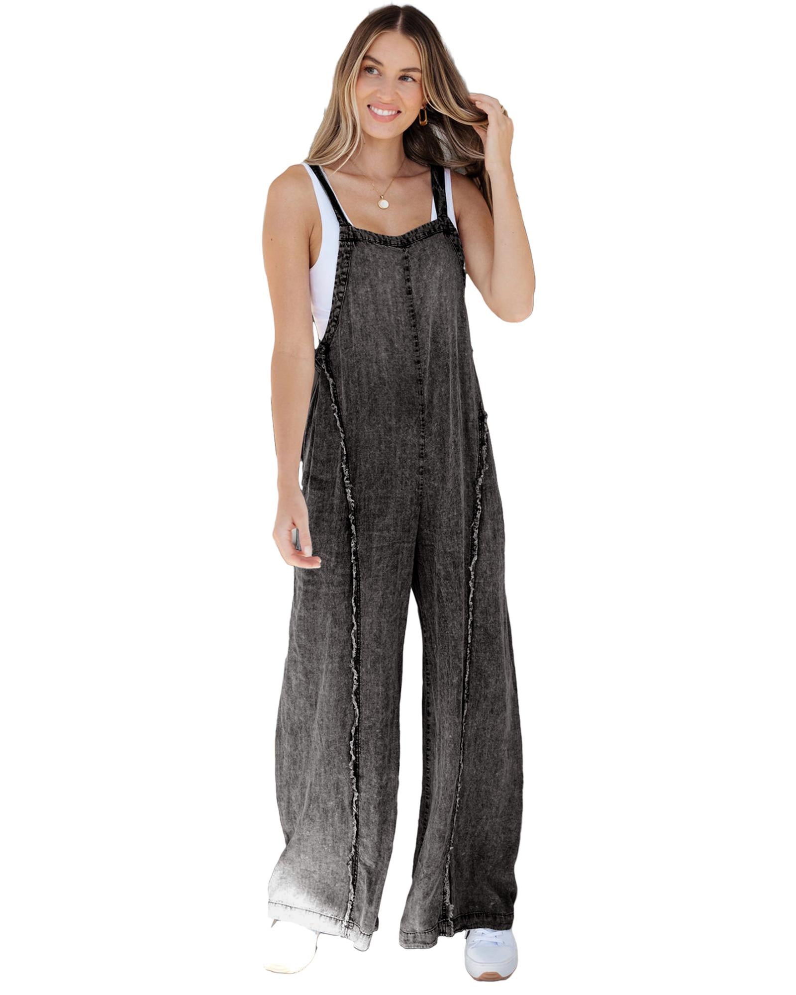 Dark Grey Light Wash Frayed Exposed Seam Wide Leg Denim Overall - S 7