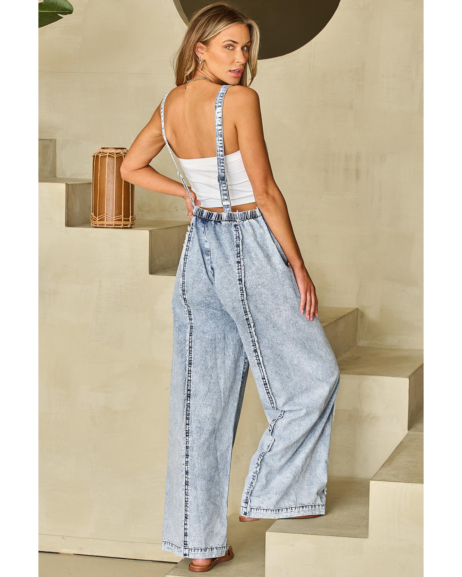 Beau Blue Light Wash Frayed Exposed Seam Wide Leg Denim Overall - S