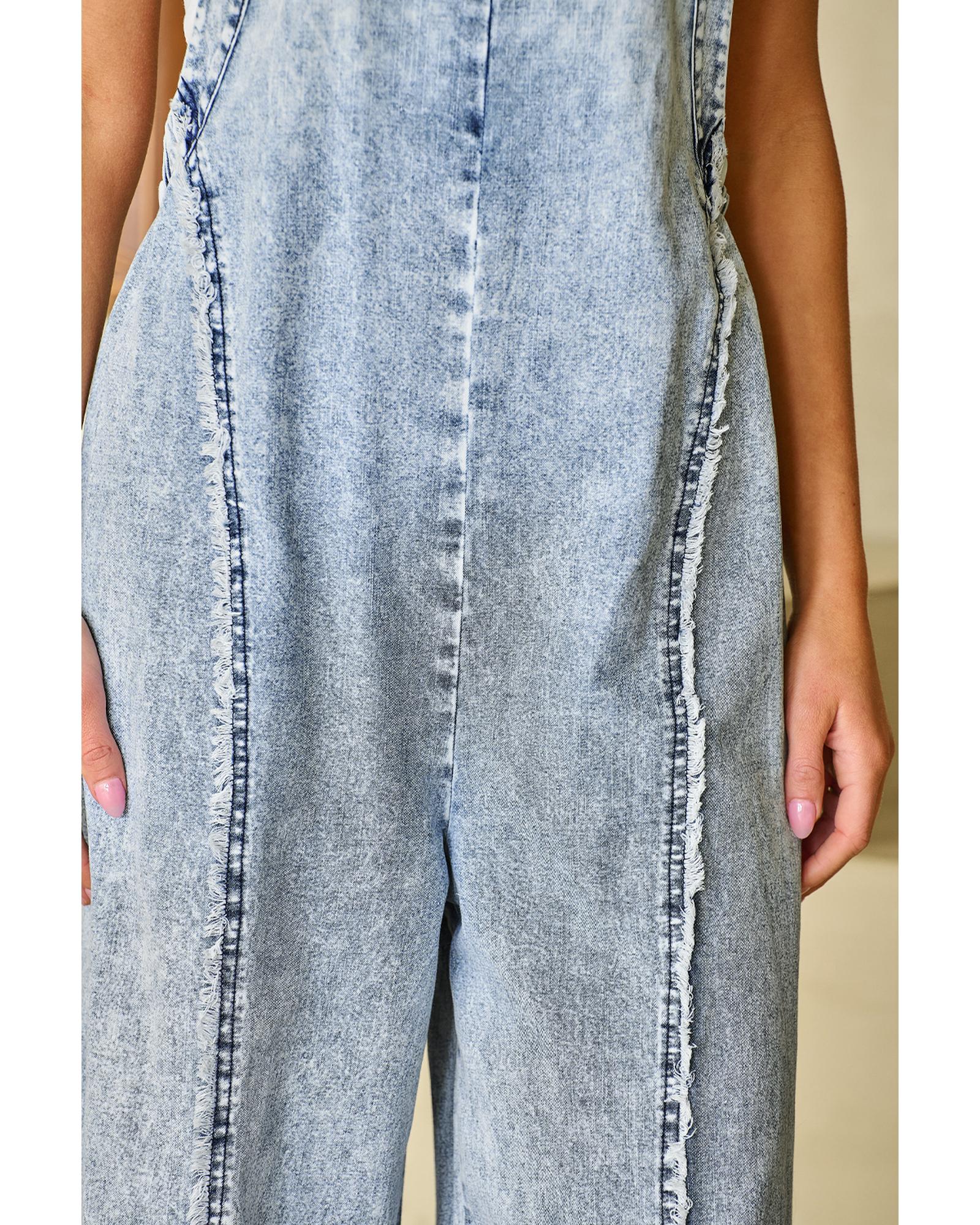 Beau Blue Light Wash Frayed Exposed Seam Wide Leg Denim Overall - S 6