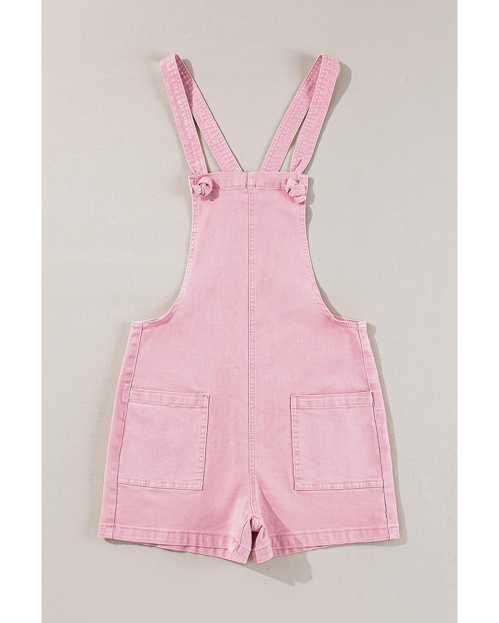 Pink Solid Color Knot Straps Denim Romper with Pockets - L 8