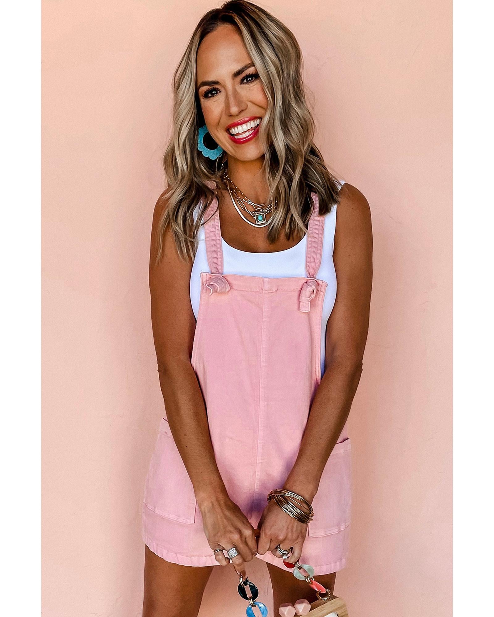 Pink Solid Color Knot Straps Denim Romper with Pockets - M 3