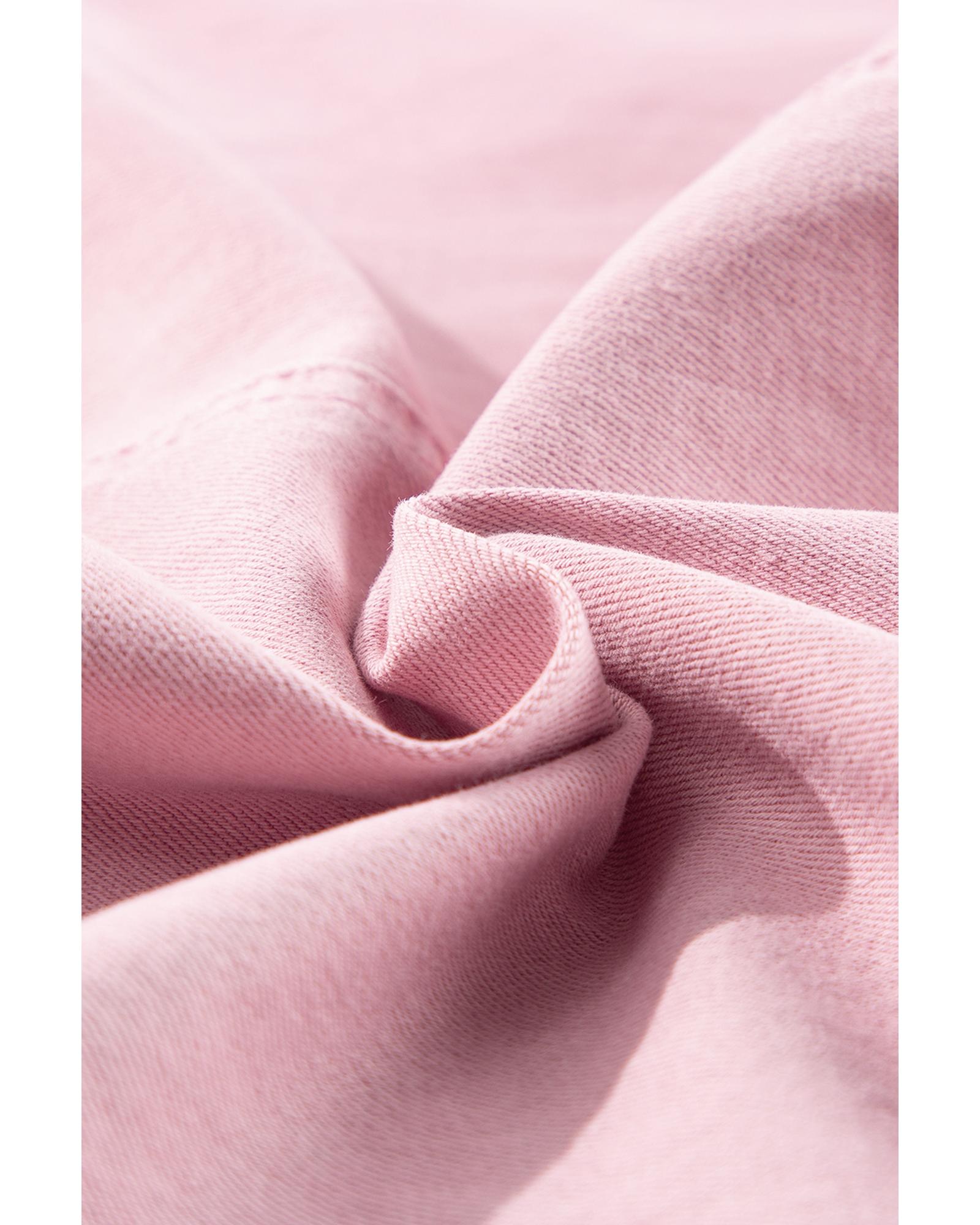 Pink Solid Color Knot Straps Denim Romper with Pockets - M 6