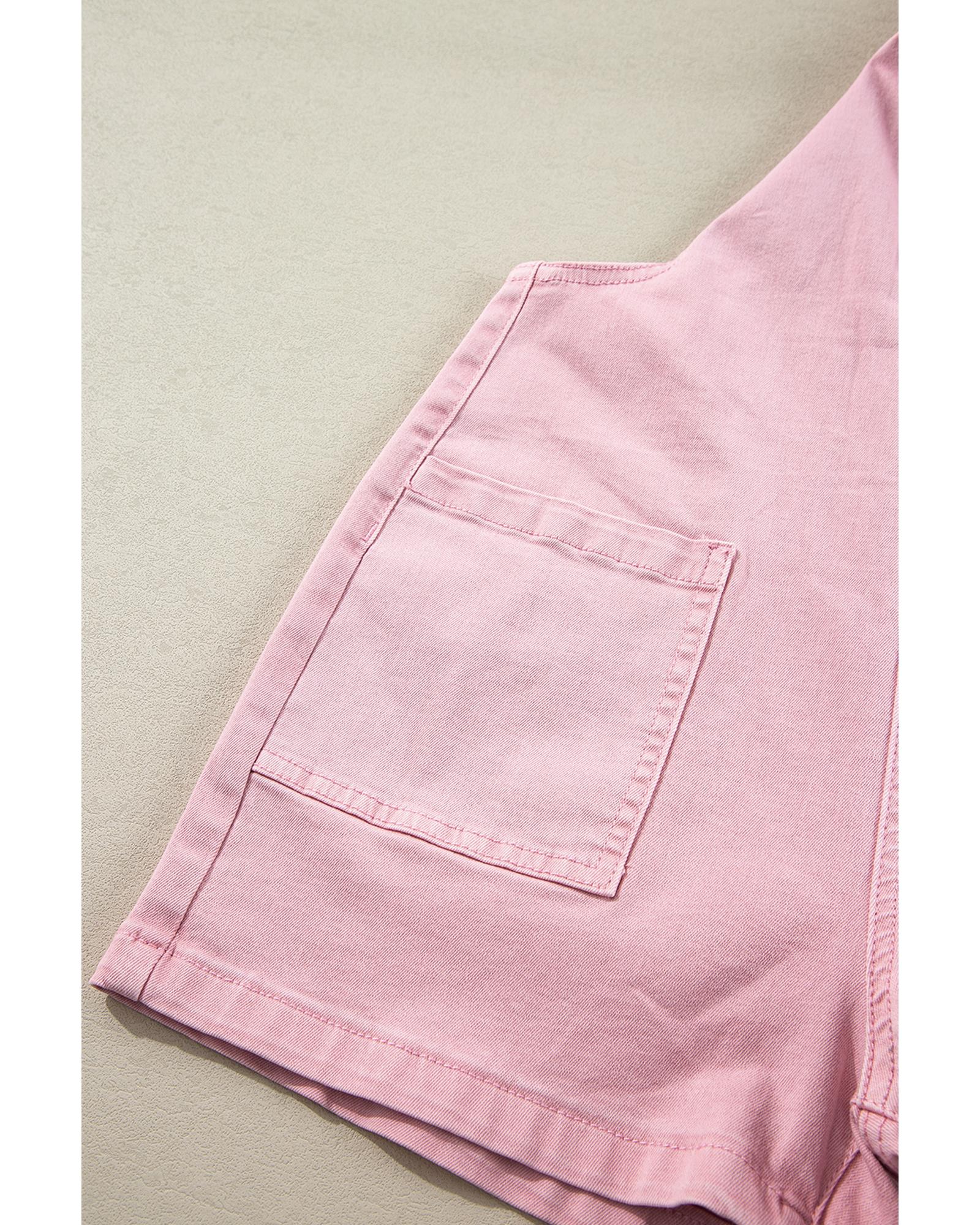 Pink Solid Color Knot Straps Denim Romper with Pockets - M 7