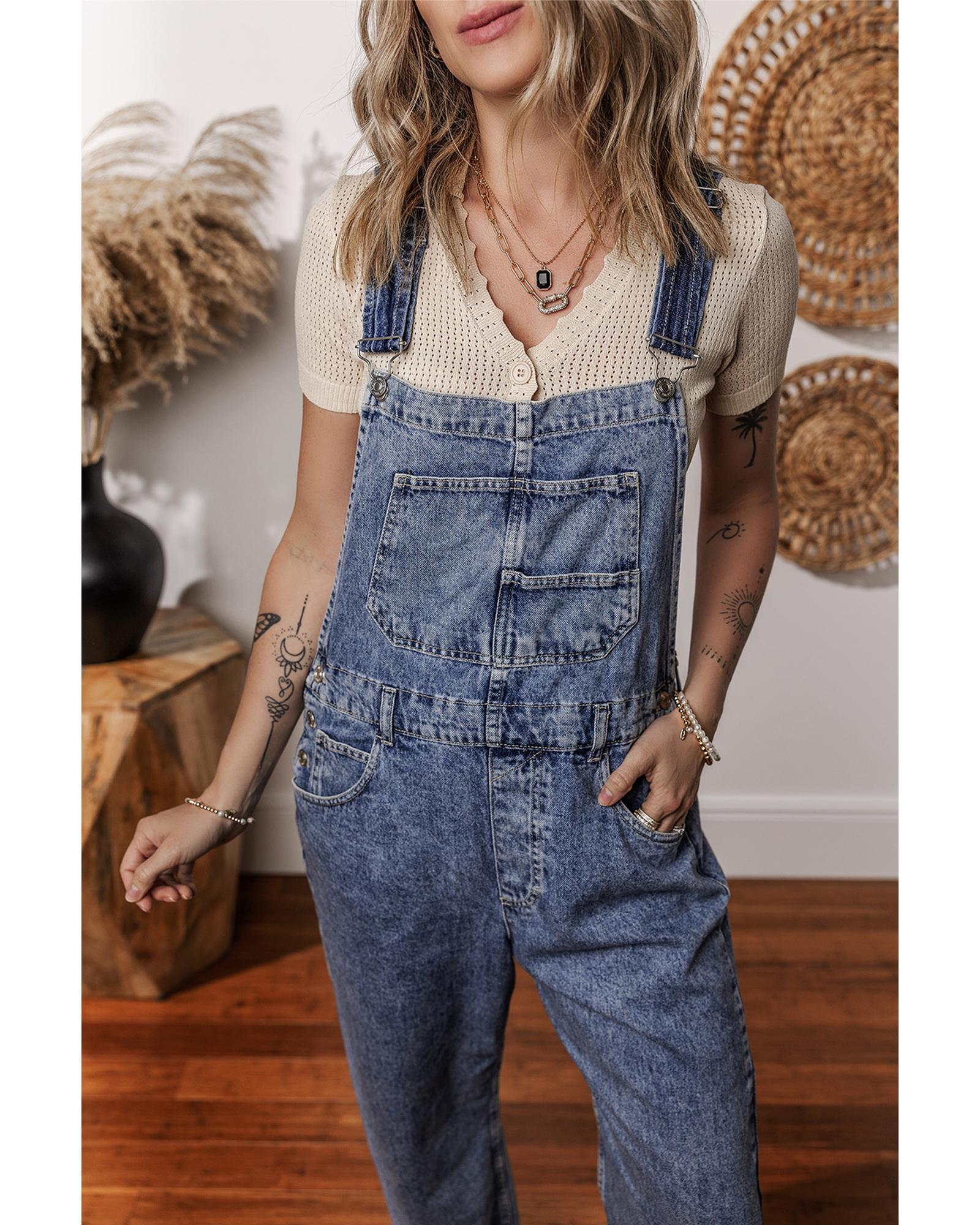 Sail Blue Denim Bib Straight Leg Jumpsuit with Pockets - L 4