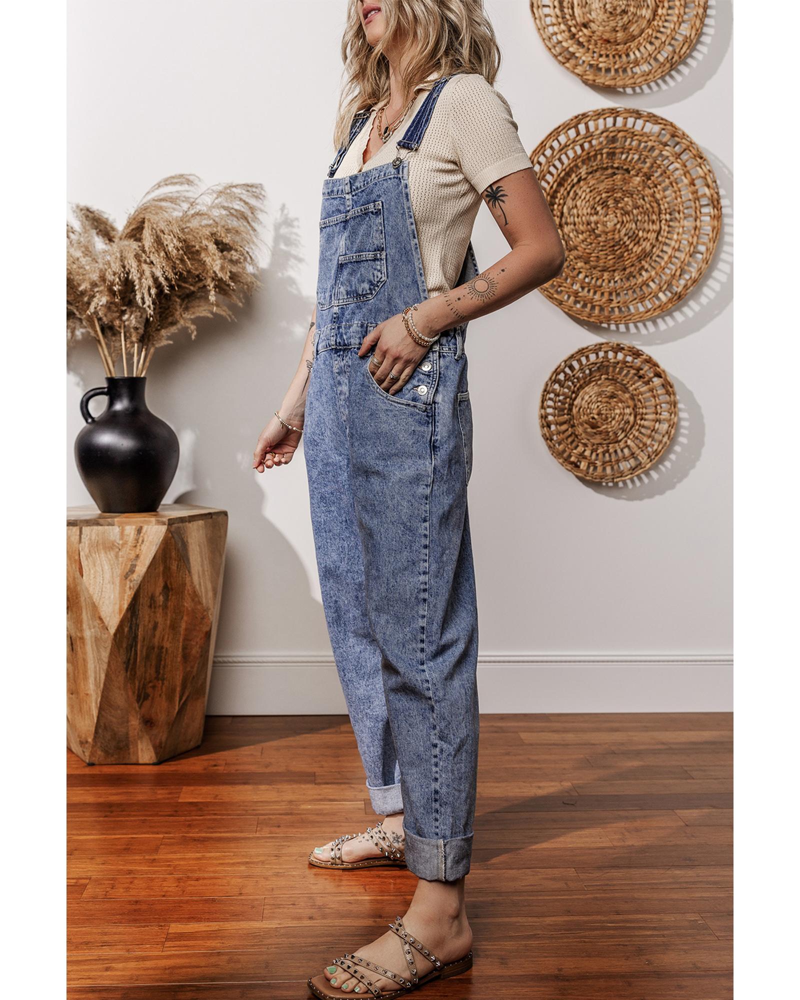 Sail Blue Denim Bib Straight Leg Jumpsuit with Pockets - M 7