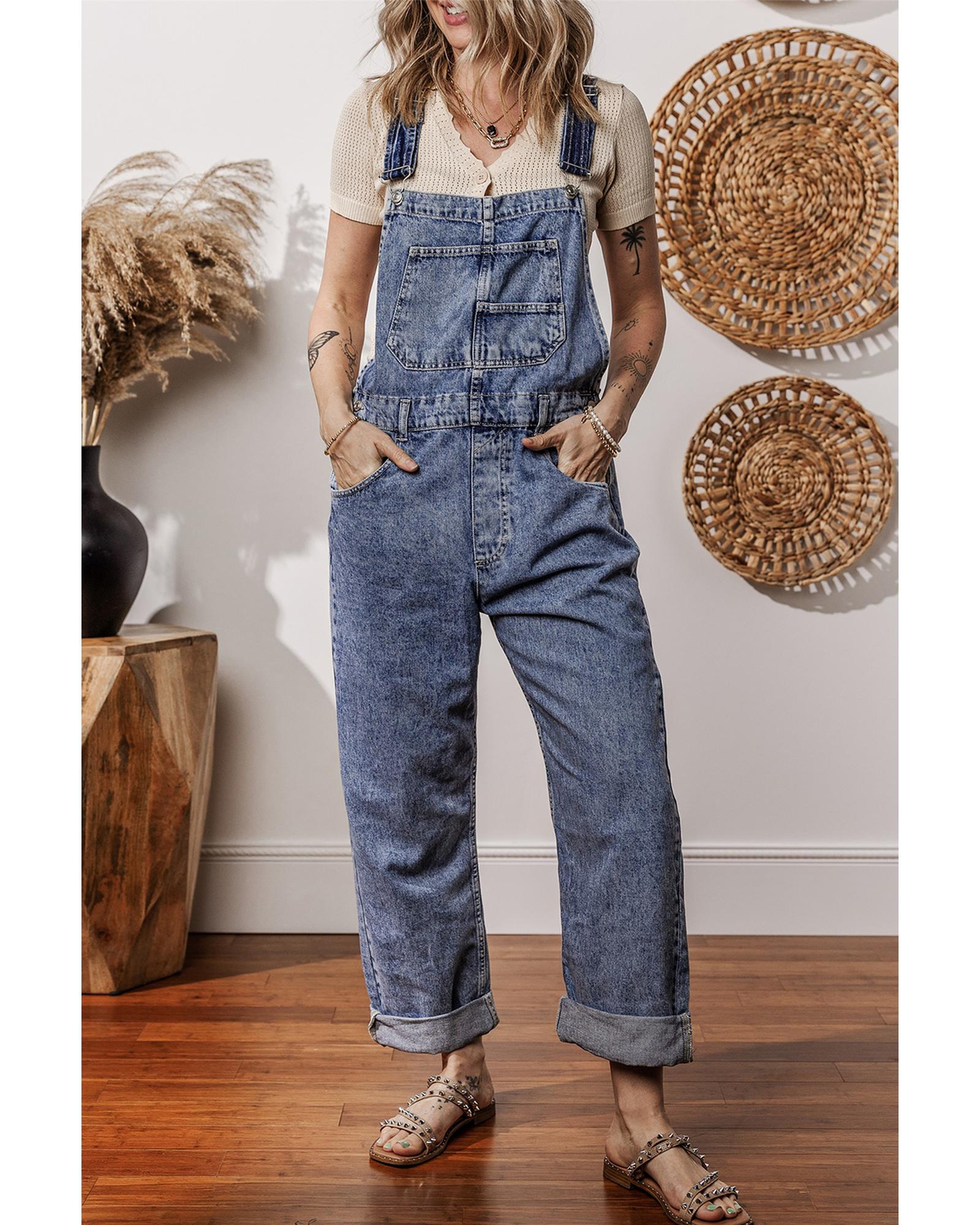 Sail Blue Denim Bib Straight Leg Jumpsuit with Pockets - S