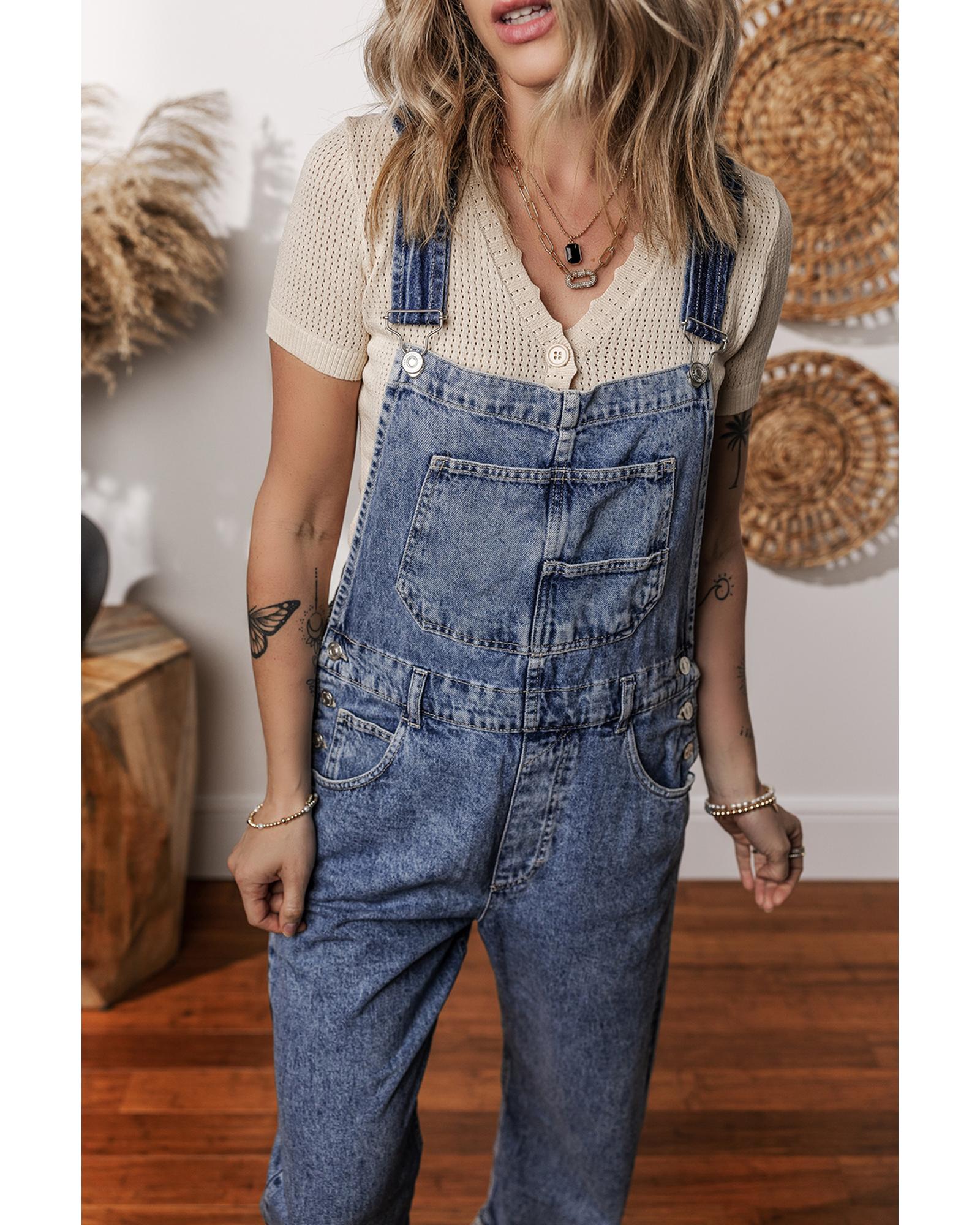 Sail Blue Denim Bib Straight Leg Jumpsuit with Pockets - XL