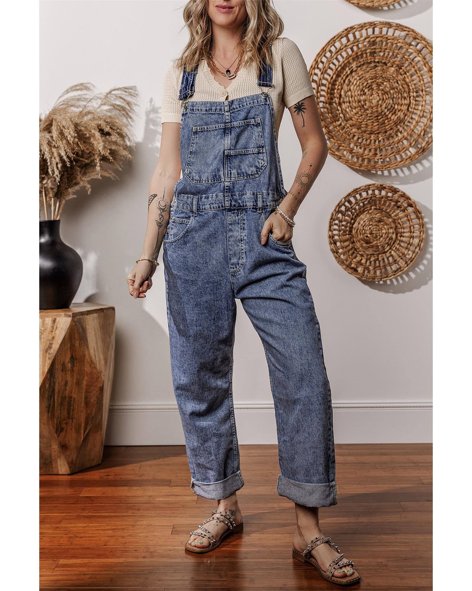 Sail Blue Denim Bib Straight Leg Jumpsuit with Pockets - XL 6