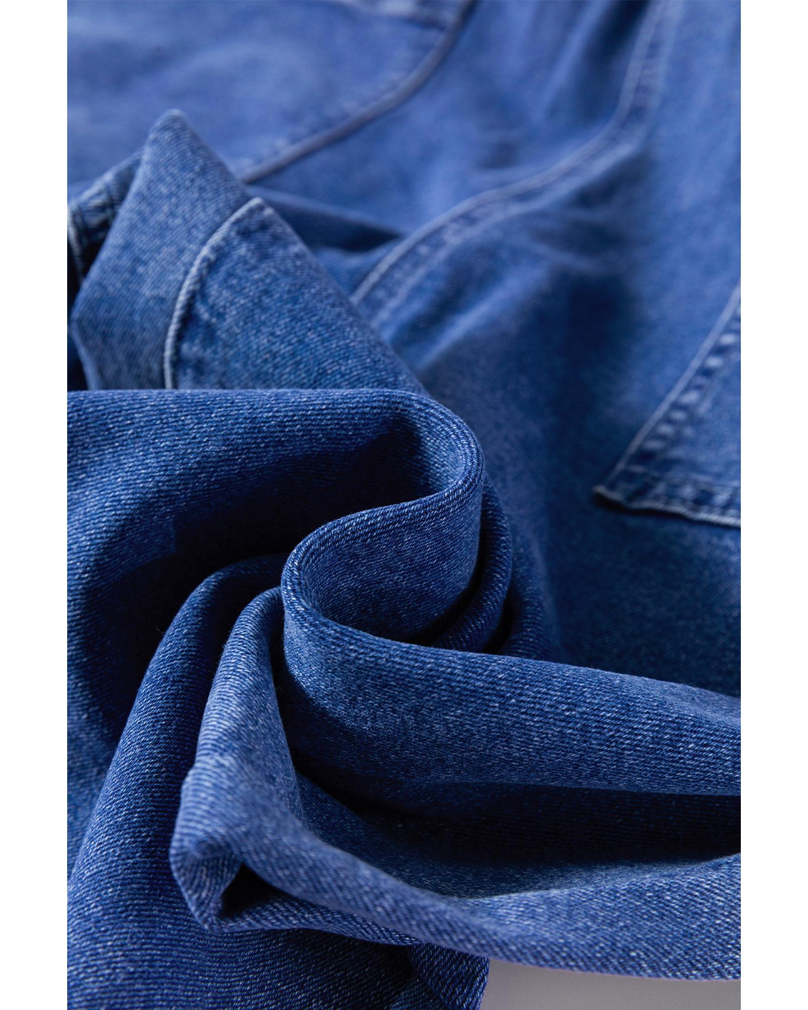 Prussian Blue Mineral Wash Knotted Strap Patched Pocket Wide Leg Denim Overalls - M