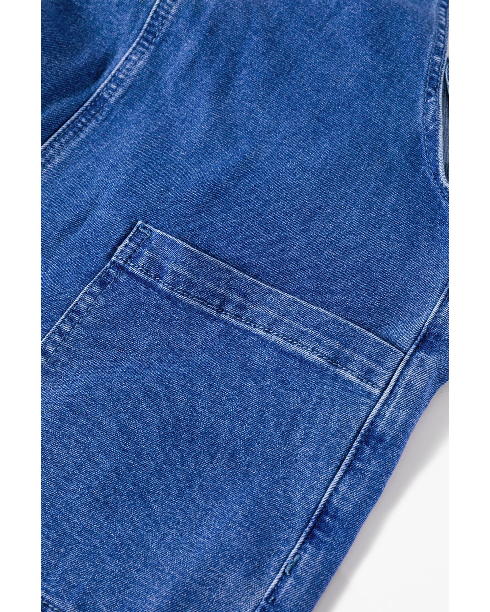 Prussian Blue Mineral Wash Knotted Strap Patched Pocket Wide Leg Denim Overalls - M 4