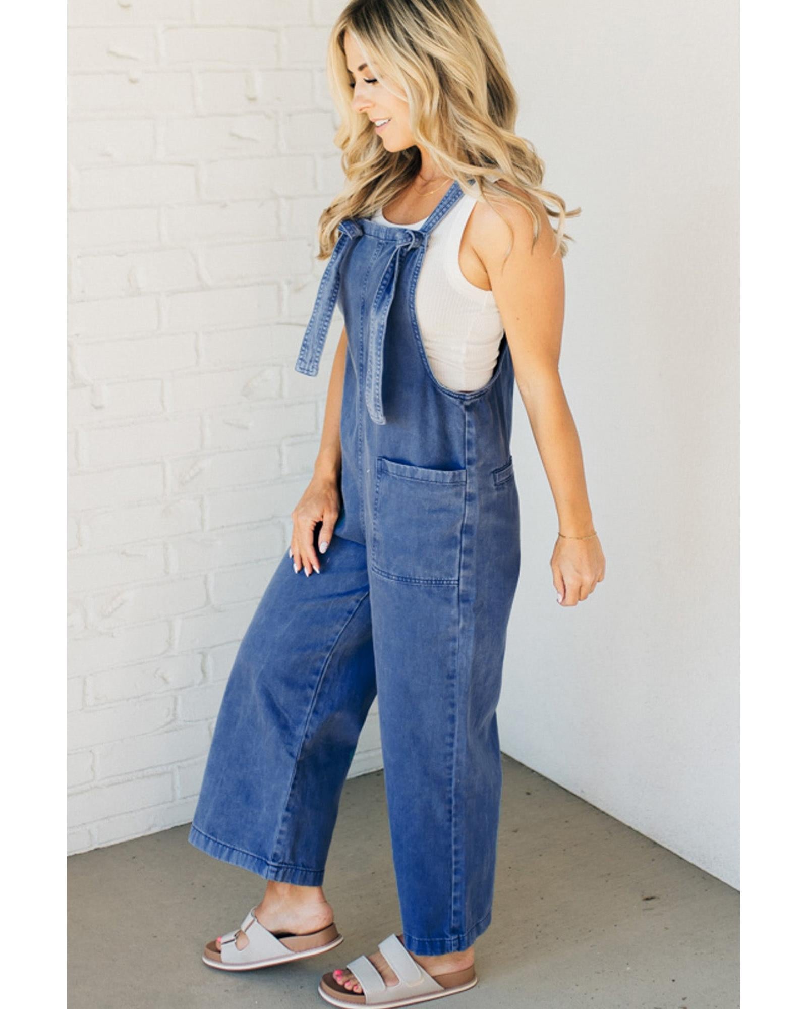 Prussian Blue Mineral Wash Knotted Strap Patched Pocket Wide Leg Denim Overalls - M 8