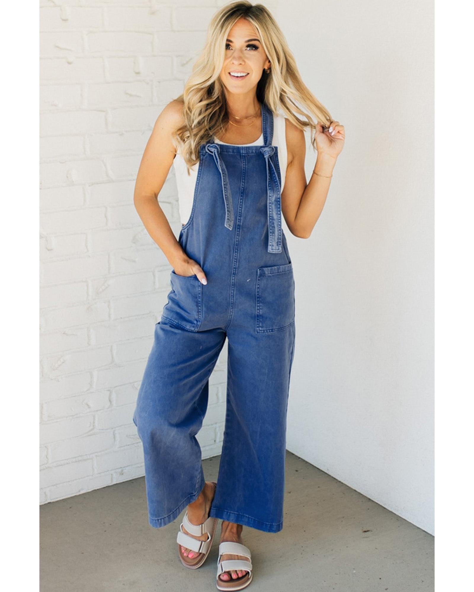 Prussian Blue Mineral Wash Knotted Strap Patched Pocket Wide Leg Denim Overalls - S
