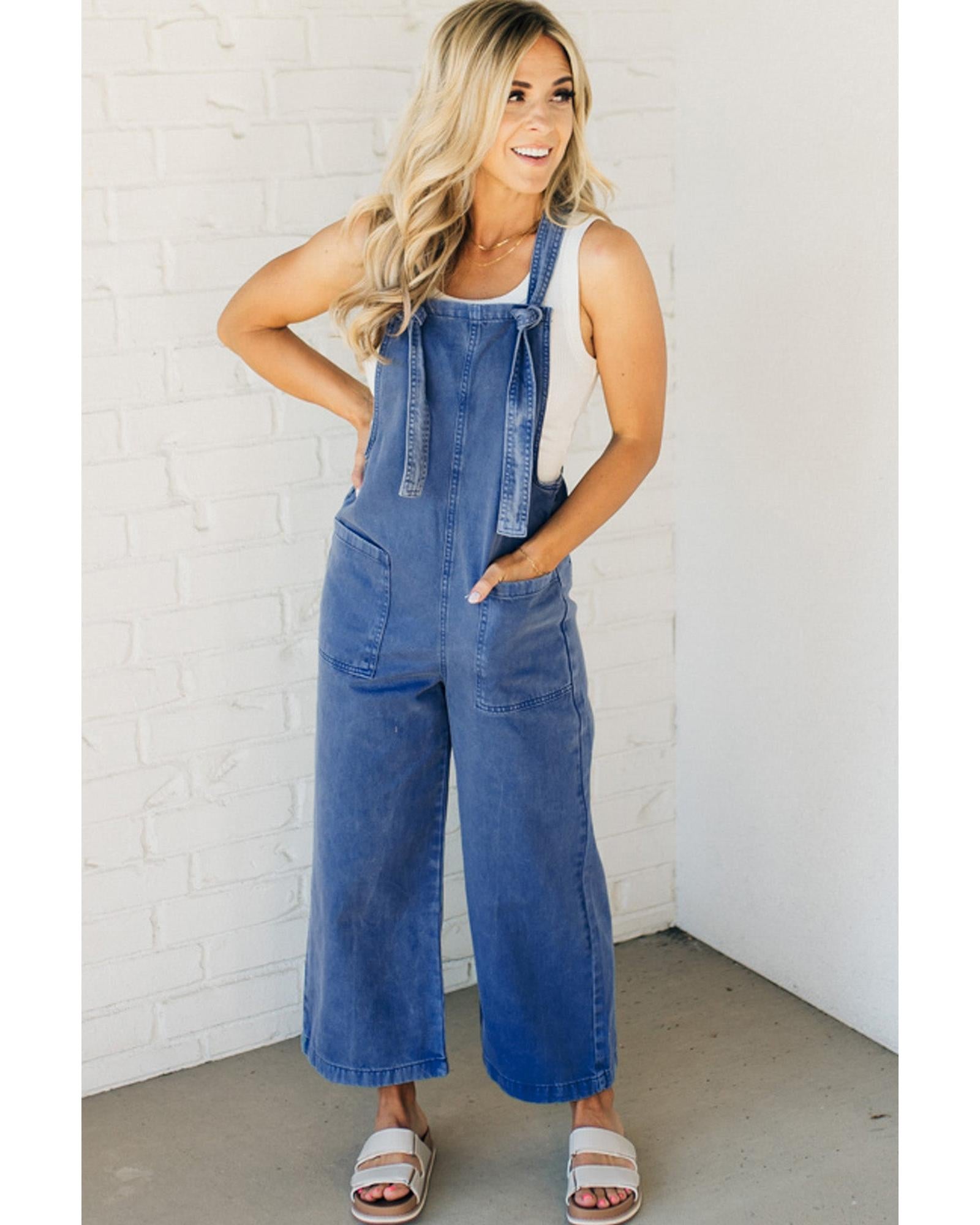 Prussian Blue Mineral Wash Knotted Strap Patched Pocket Wide Leg Denim Overalls - S 6