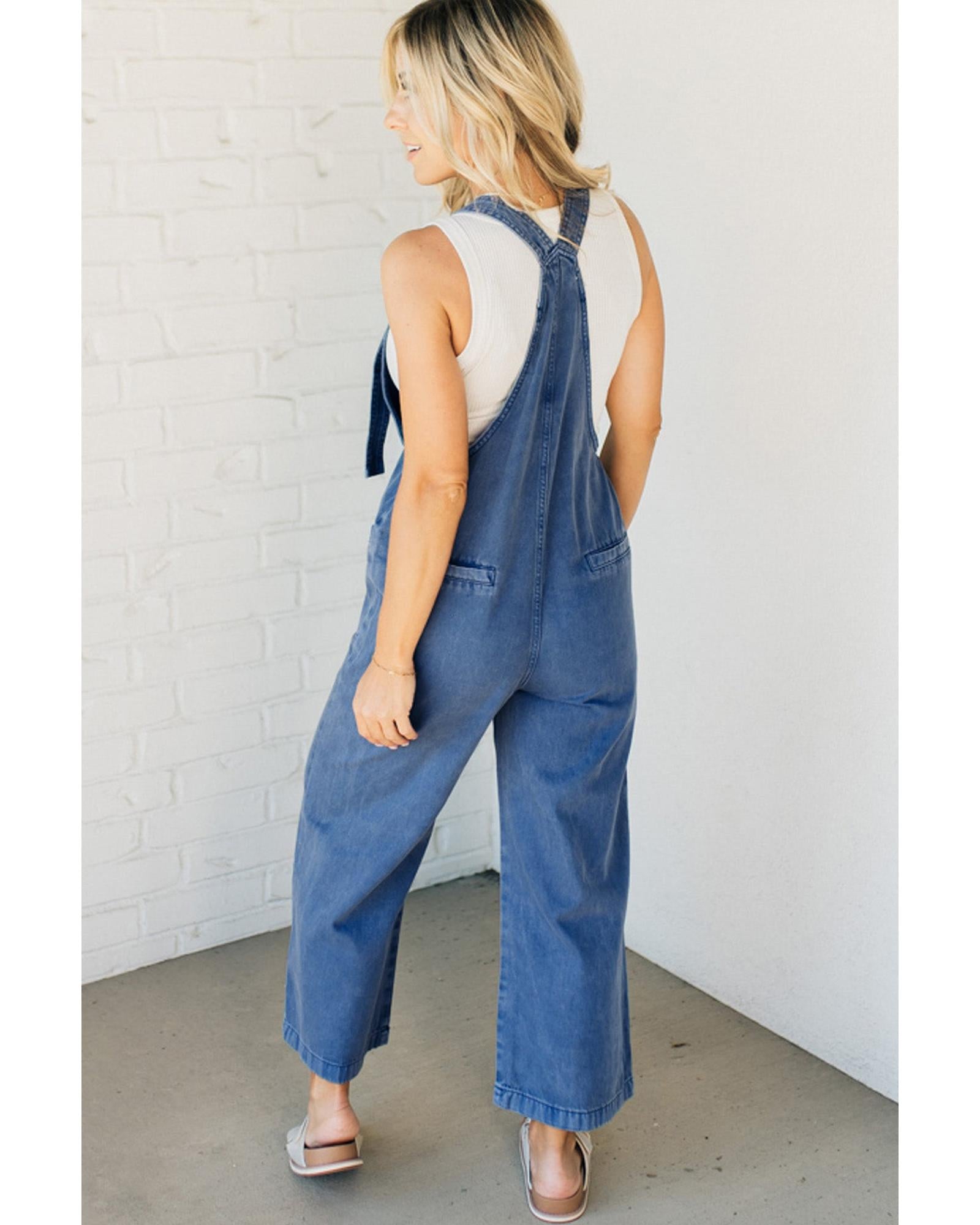 Prussian Blue Mineral Wash Knotted Strap Patched Pocket Wide Leg Denim Overalls - XL 3