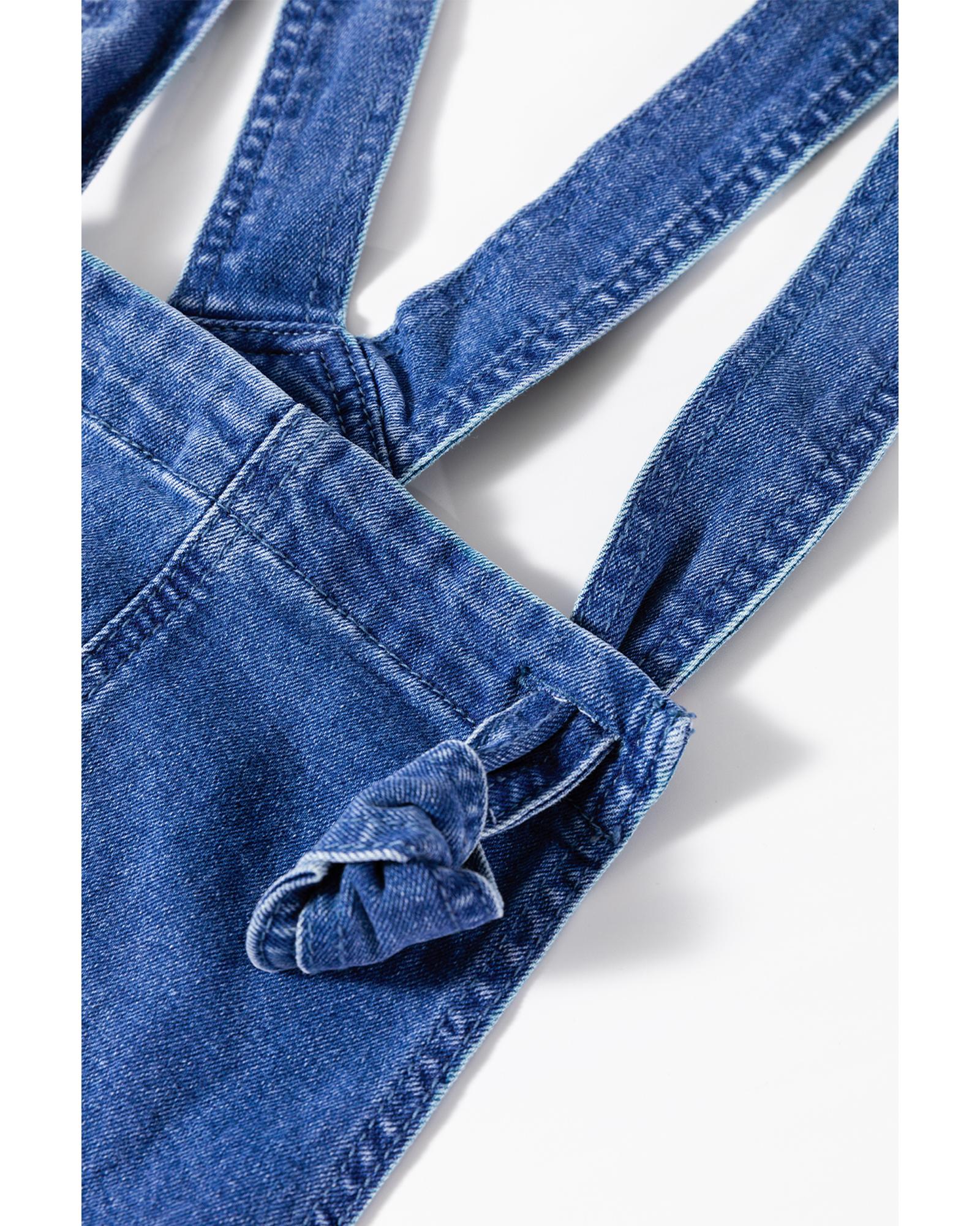 Prussian Blue Mineral Wash Knotted Strap Patched Pocket Wide Leg Denim Overalls - XL 5