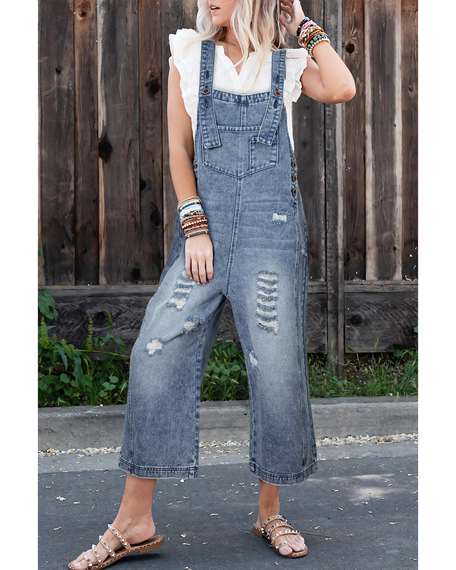Azura Exchange Stone Blue Distressed Bib Pocket Wide Leg Denim Overall - L