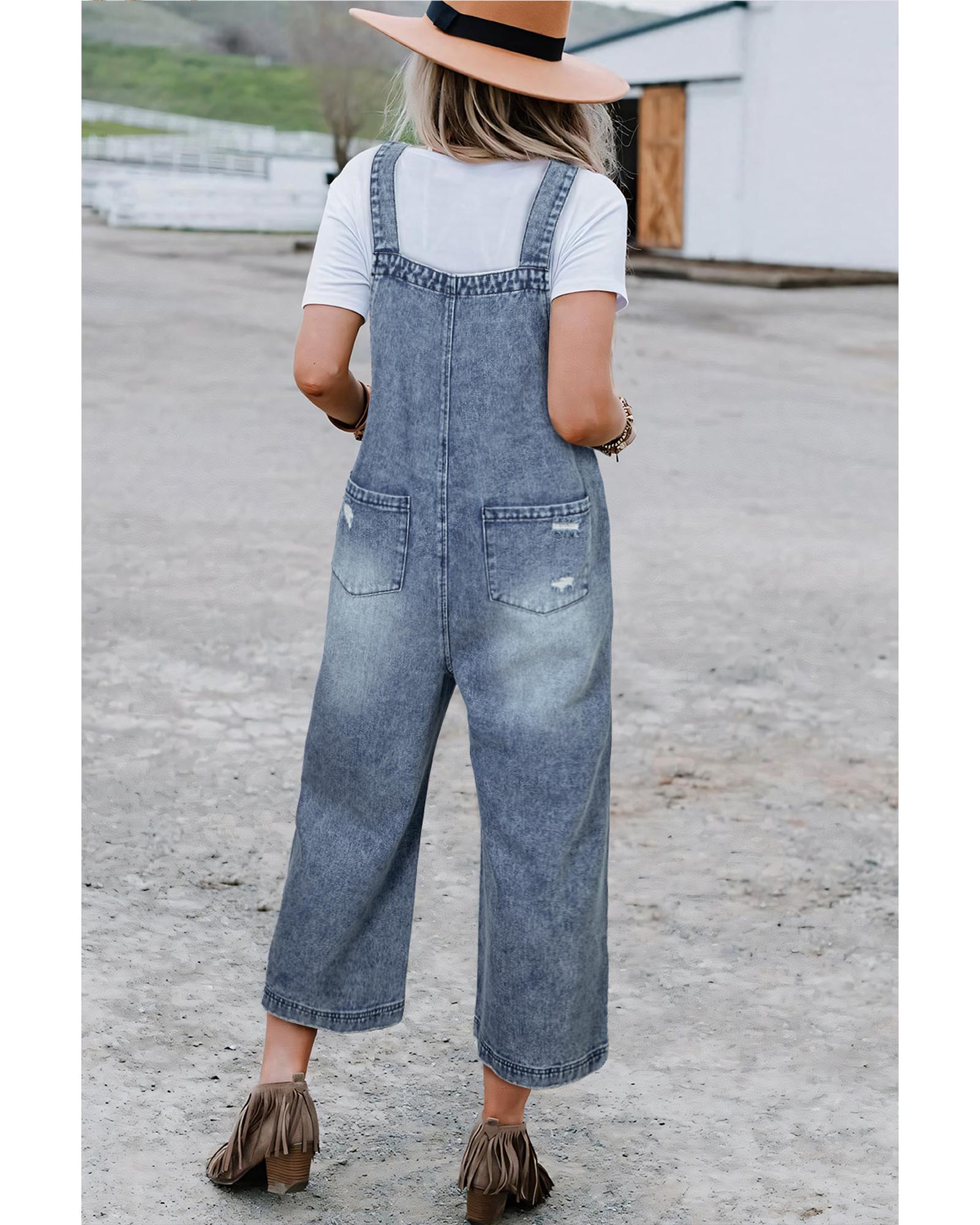 Azura Exchange Stone Blue Distressed Bib Pocket Wide Leg Denim Overall - M