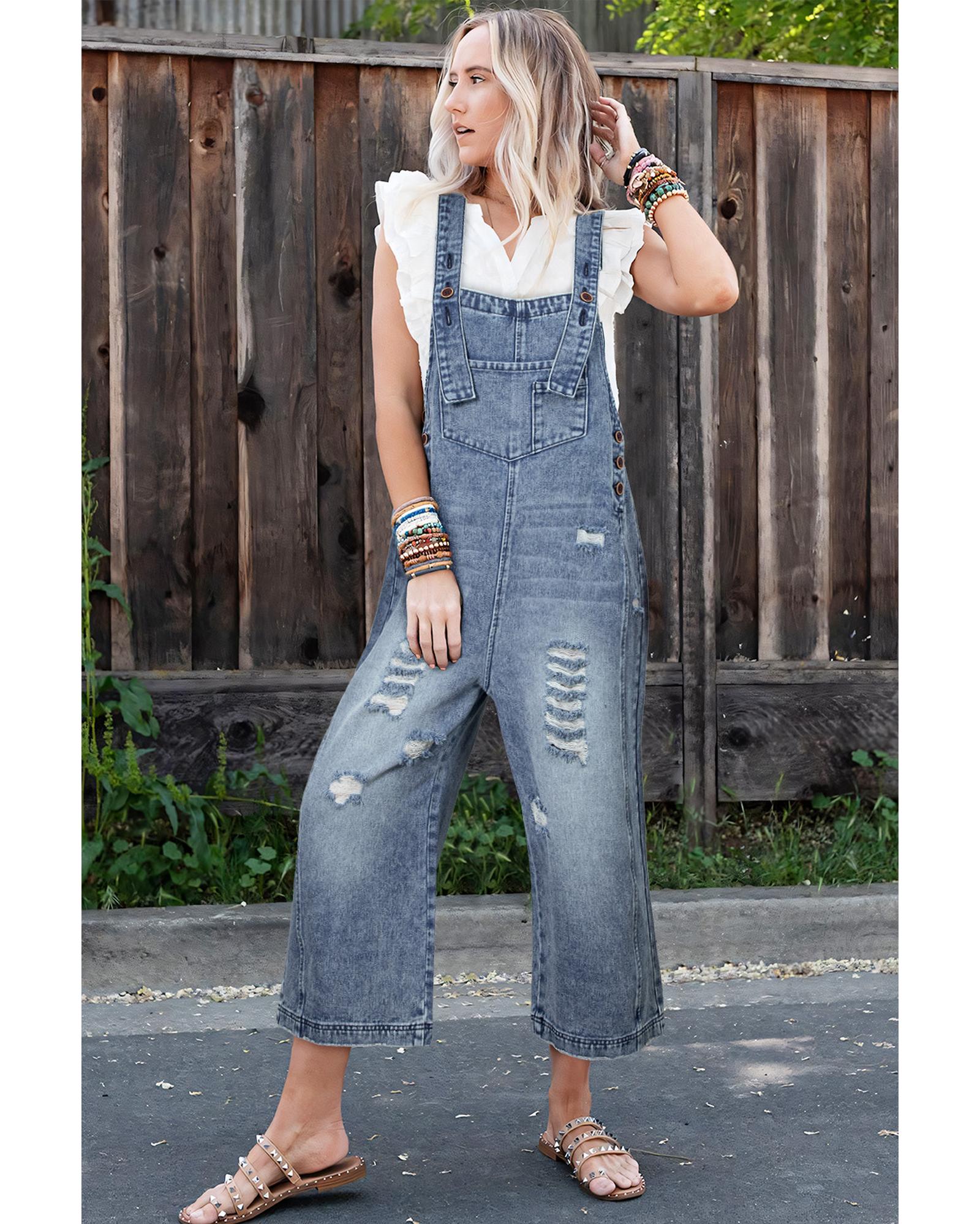 Azura Exchange Stone Blue Distressed Bib Pocket Wide Leg Denim Overall - M 3