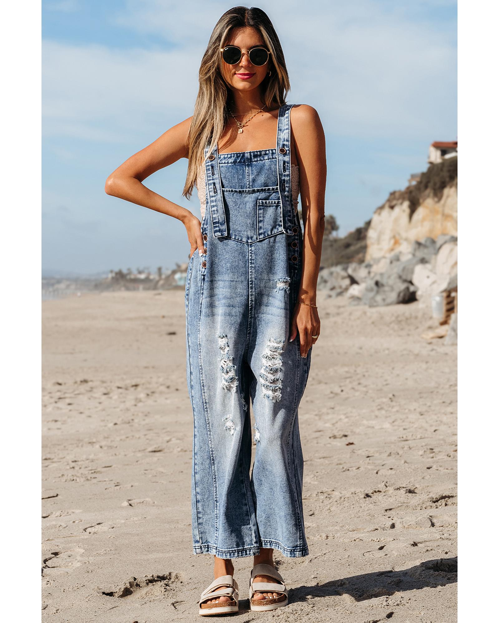 Azura Exchange Stone Blue Distressed Bib Pocket Wide Leg Denim Overall - S 7