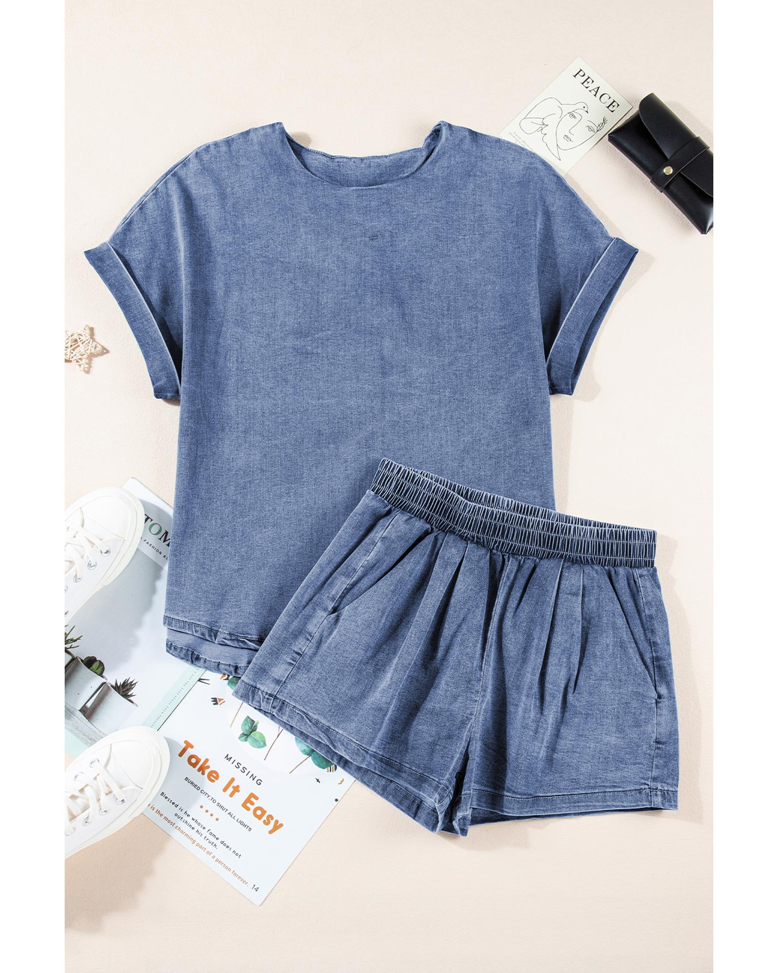 Light Blue Denim Cuffed Sleeve Tee Elastic Shorts Set - L 4