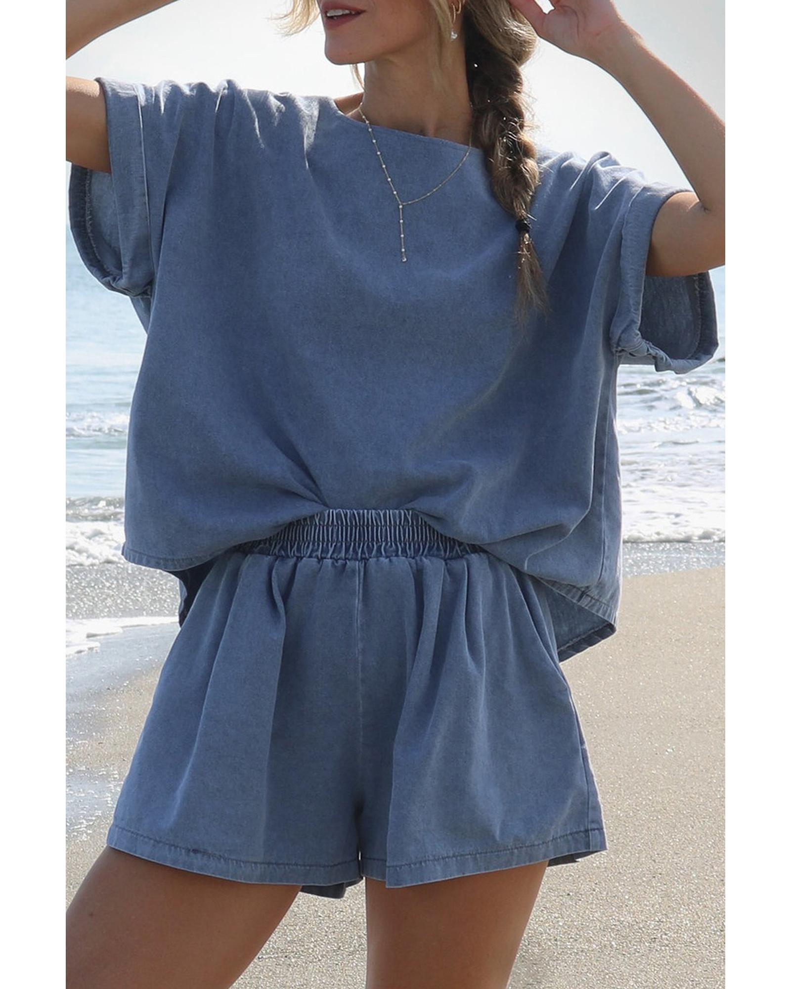 Light Blue Denim Cuffed Sleeve Tee Elastic Shorts Set - XL 7