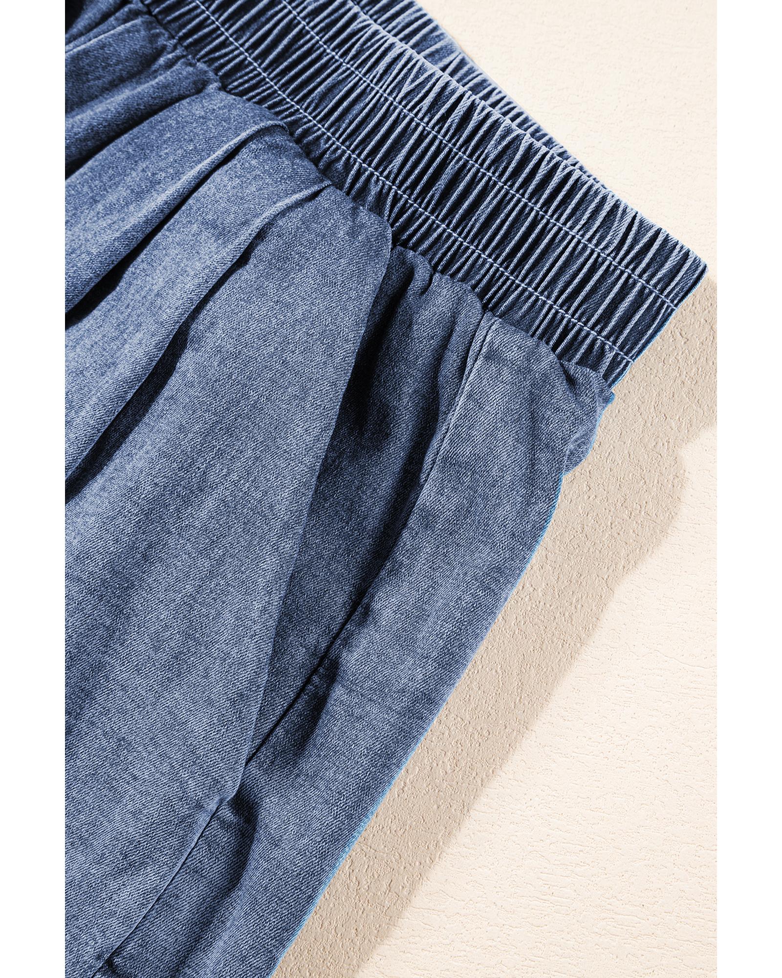Light Blue Denim Cuffed Sleeve Tee Elastic Shorts Set - XL 8