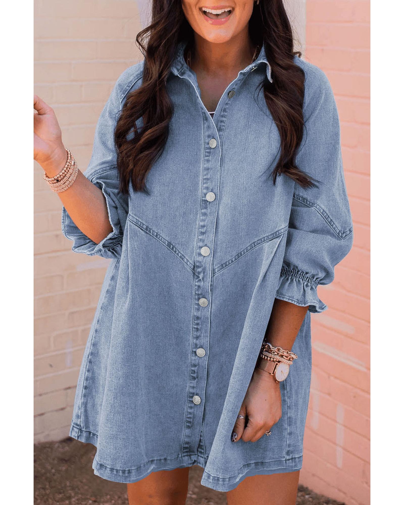 Azura Exchange Sky Blue Buttoned Long Sleeve Denim Mini Dress - M 6