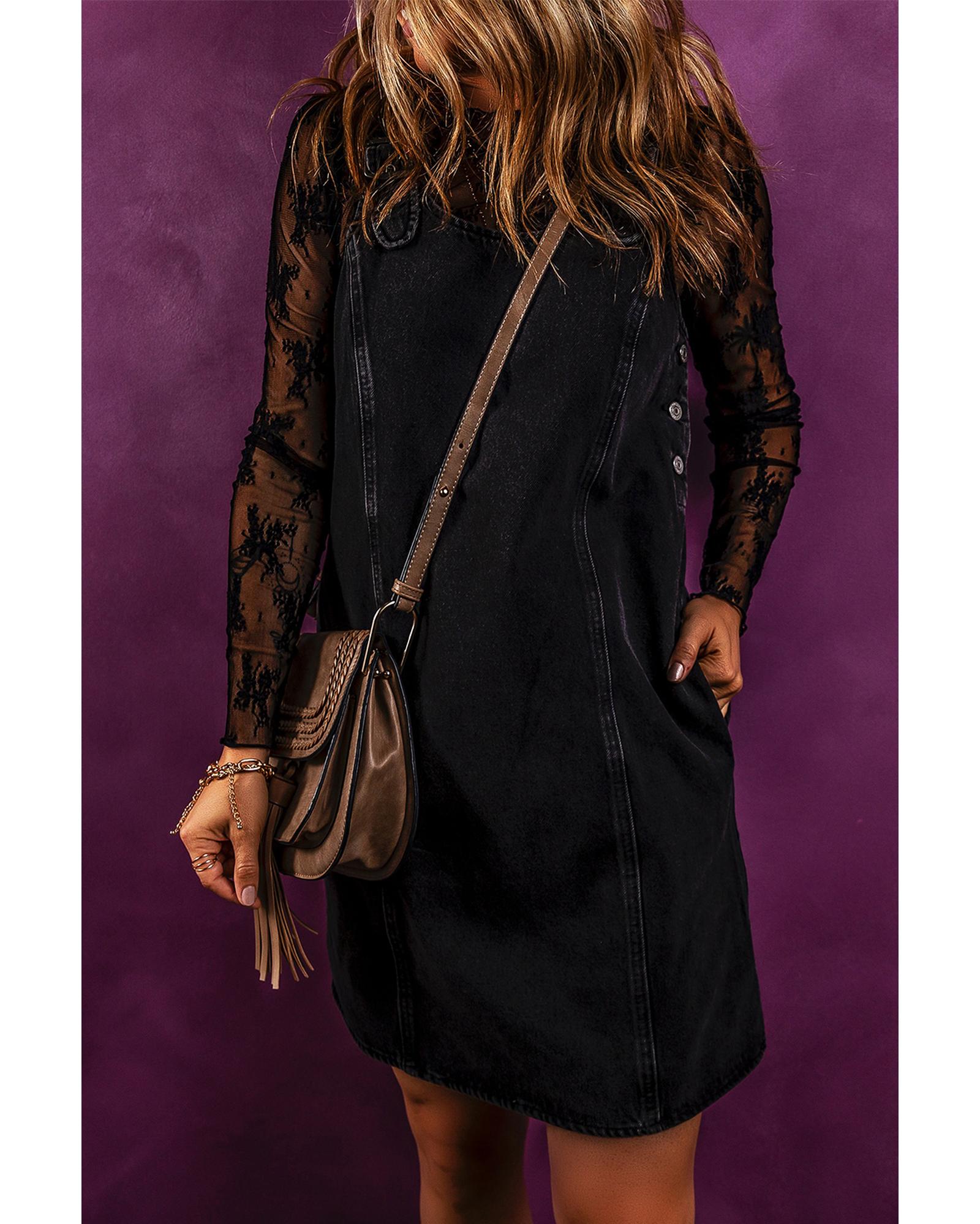 Black Sleeveless Shift Denim Dress - M
