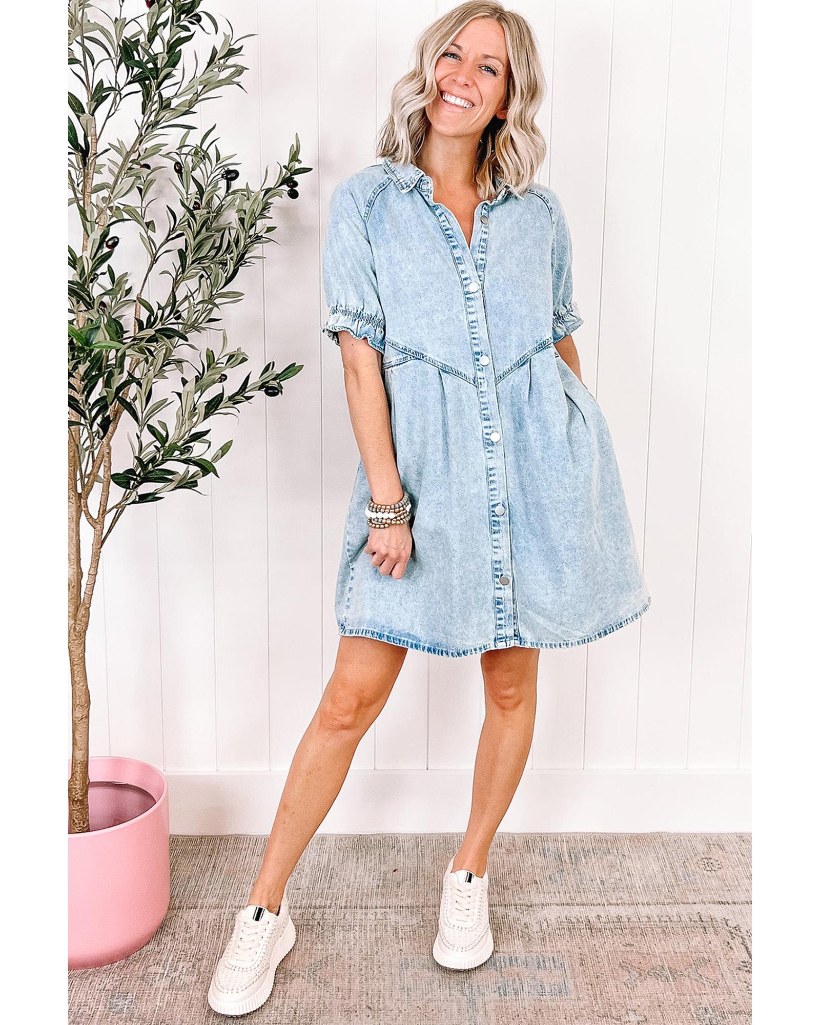 Beau Blue Mineral Wash Ruffled Short Sleeve Buttoned Denim Dress - L