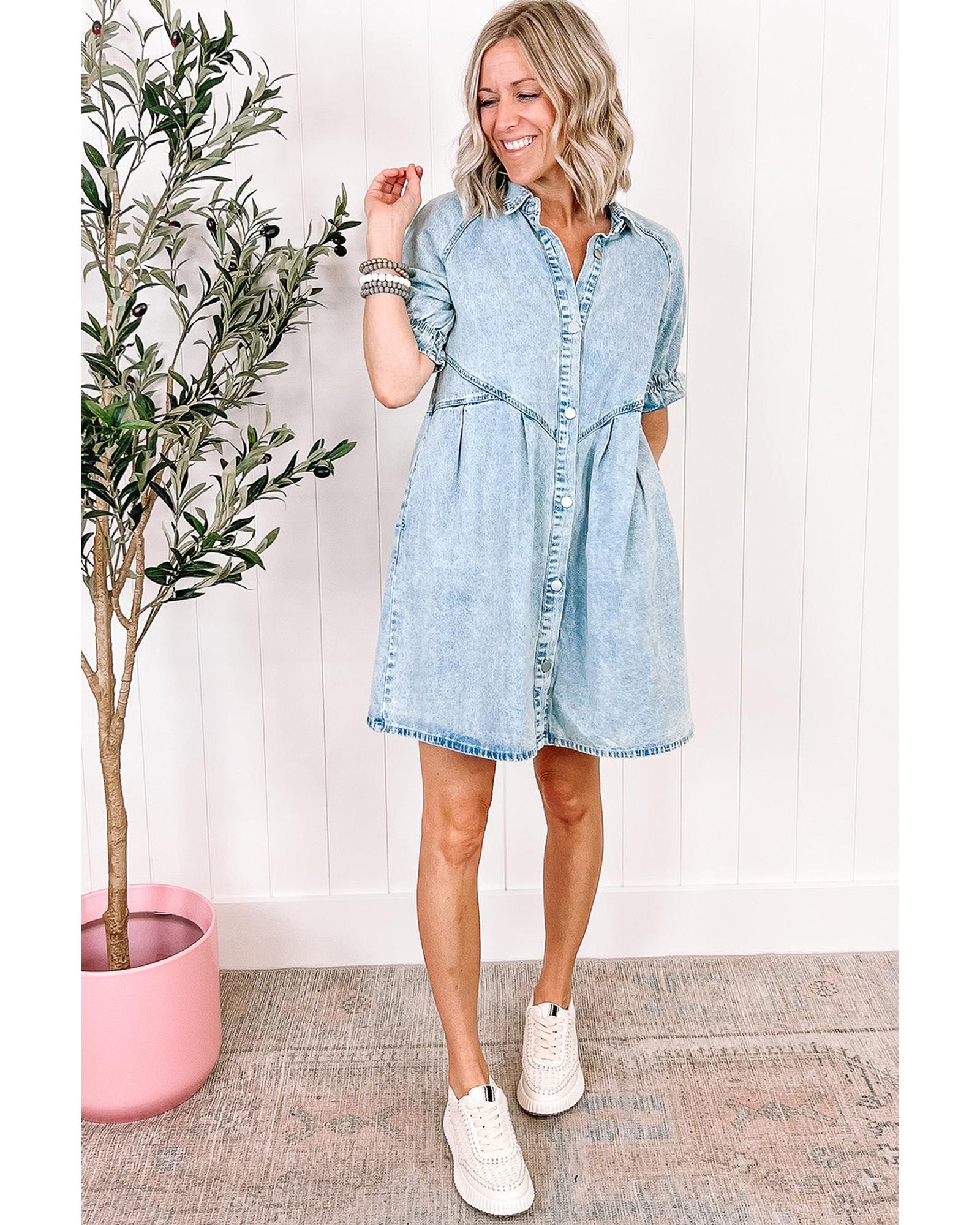 Beau Blue Mineral Wash Ruffled Short Sleeve Buttoned Denim Dress - S