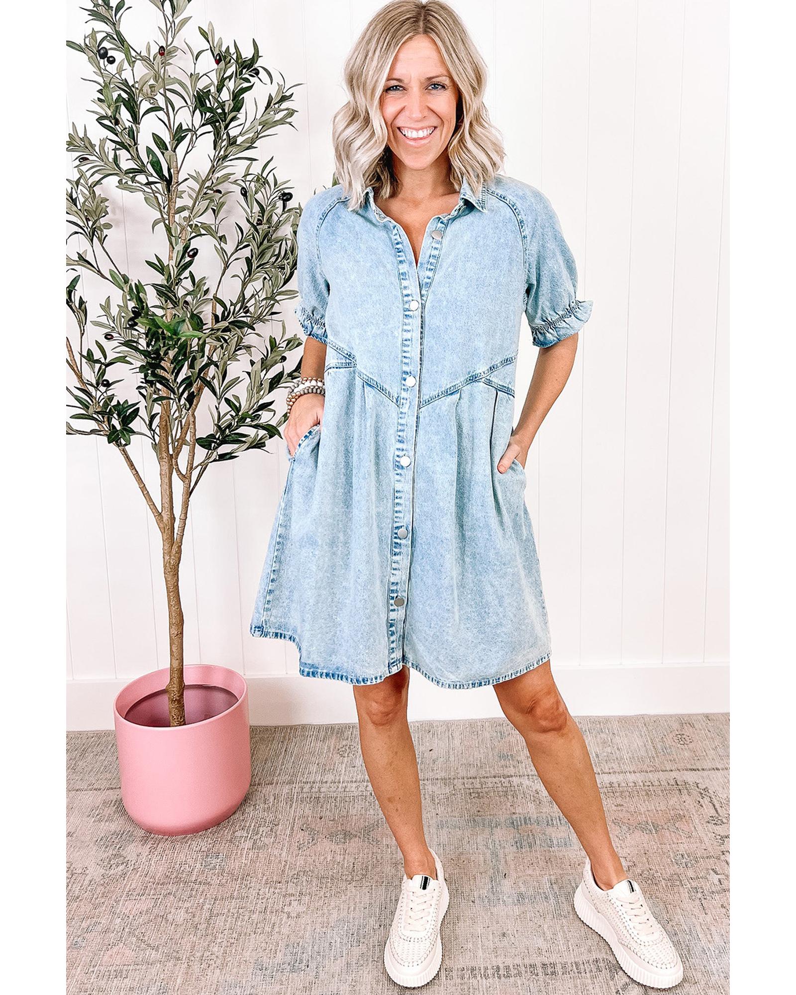 Beau Blue Mineral Wash Ruffled Short Sleeve Buttoned Denim Dress - S 4