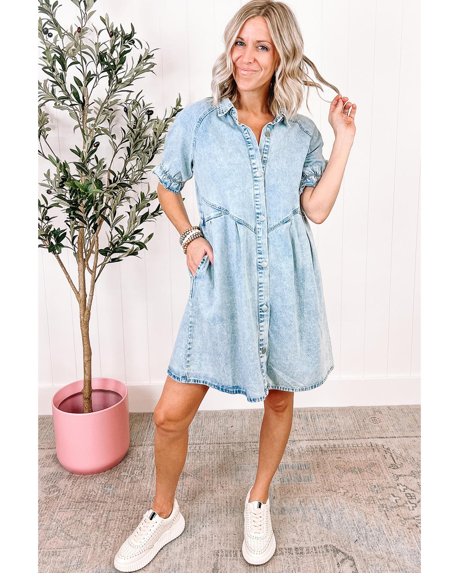 Beau Blue Mineral Wash Ruffled Short Sleeve Buttoned Denim Dress - S 6