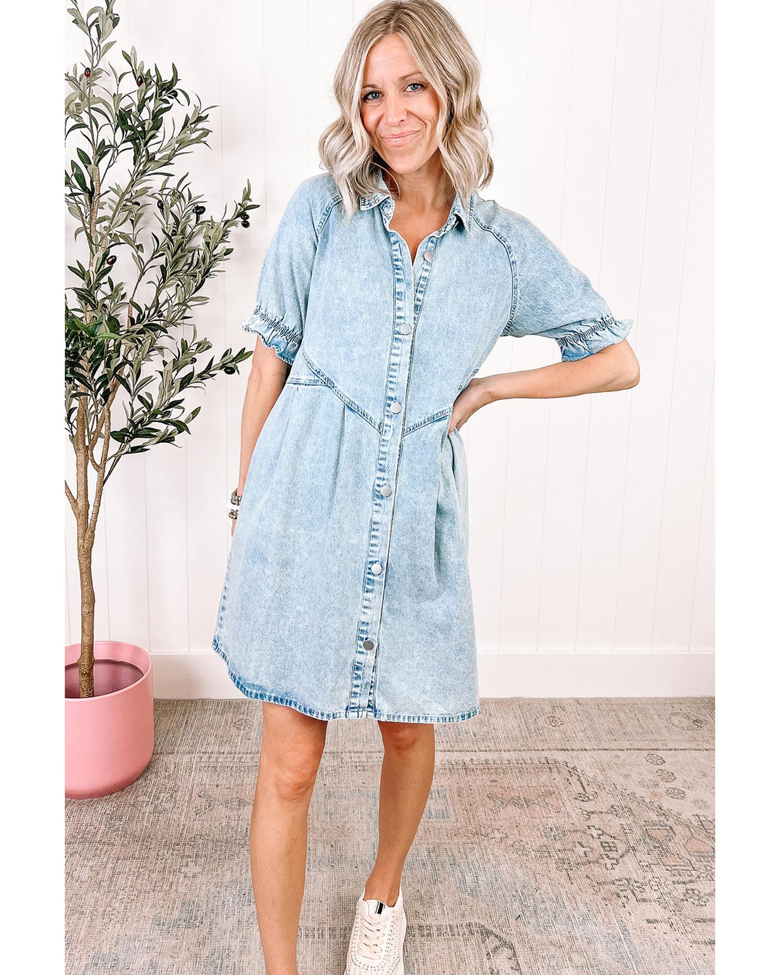 Beau Blue Mineral Wash Ruffled Short Sleeve Buttoned Denim Dress - XL 6