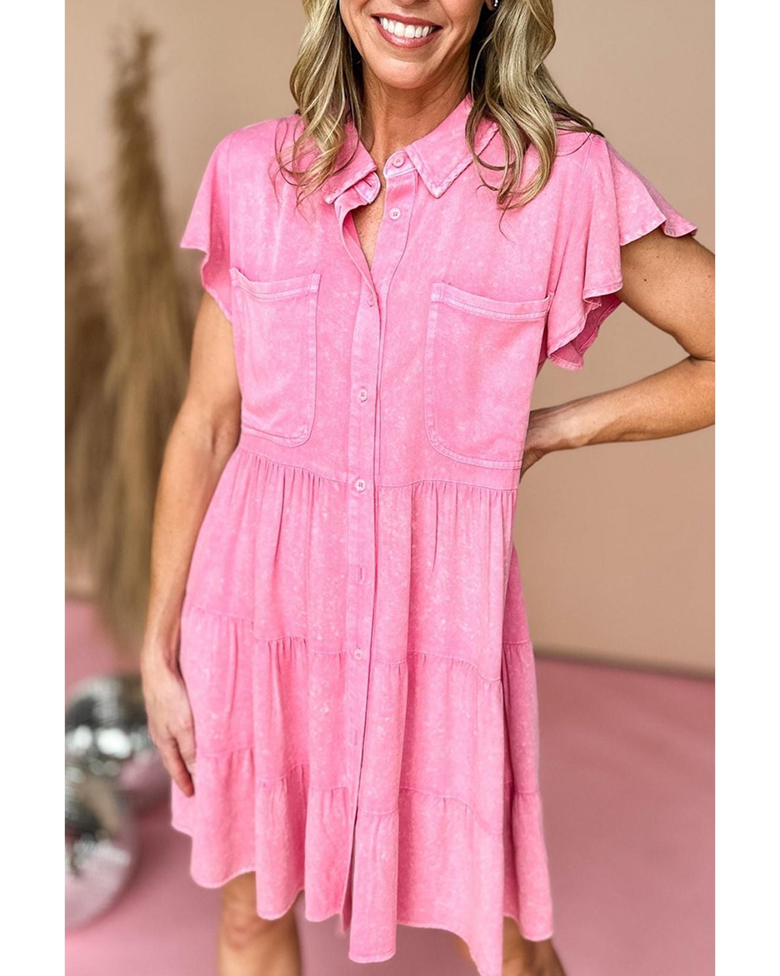Bonbon Mineral Washed Ruffle Sleeve Tiered Chambray Dress - XL 3