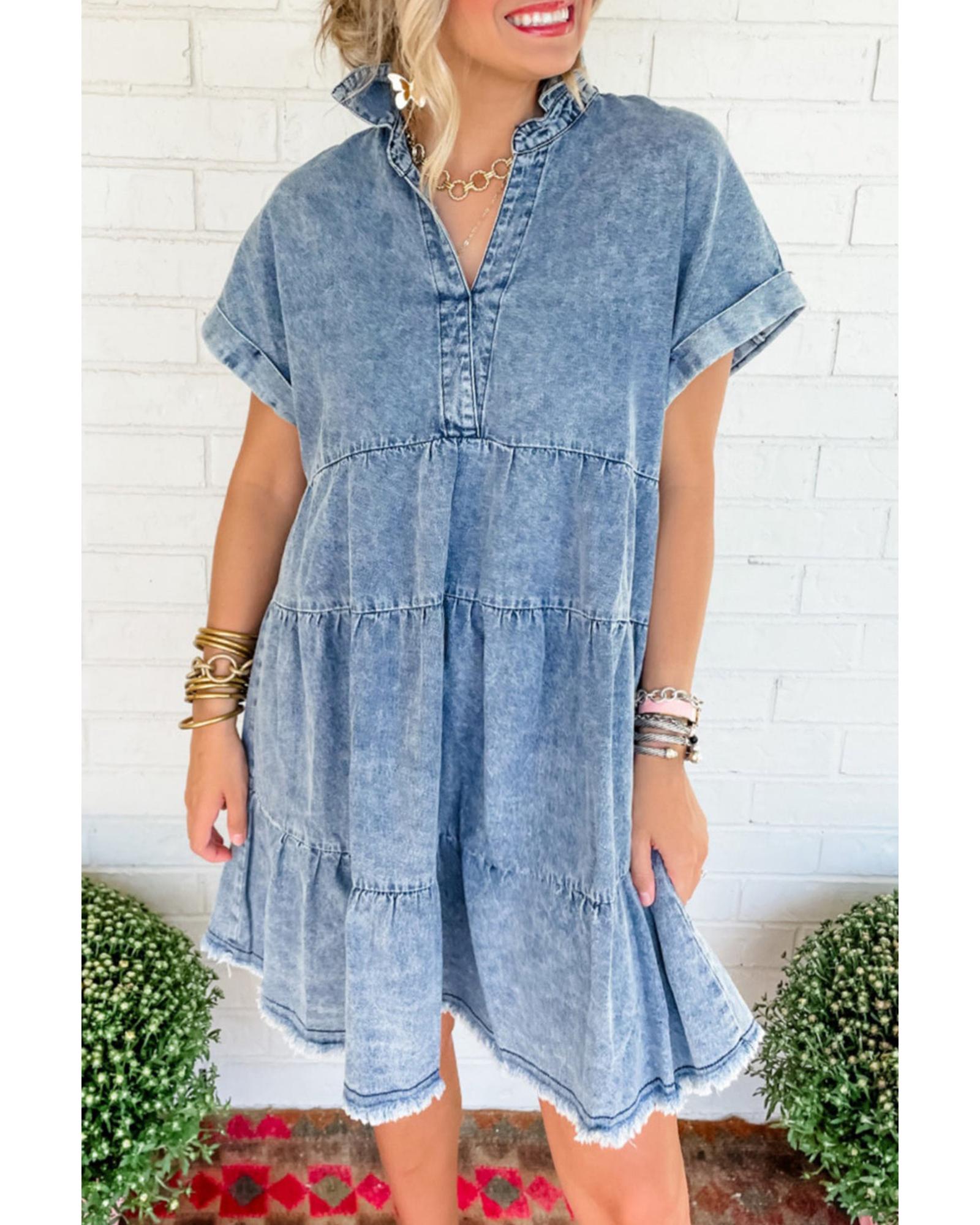 Sky Blue Acid Wash V Neck Tiered Denim Dress - L 3