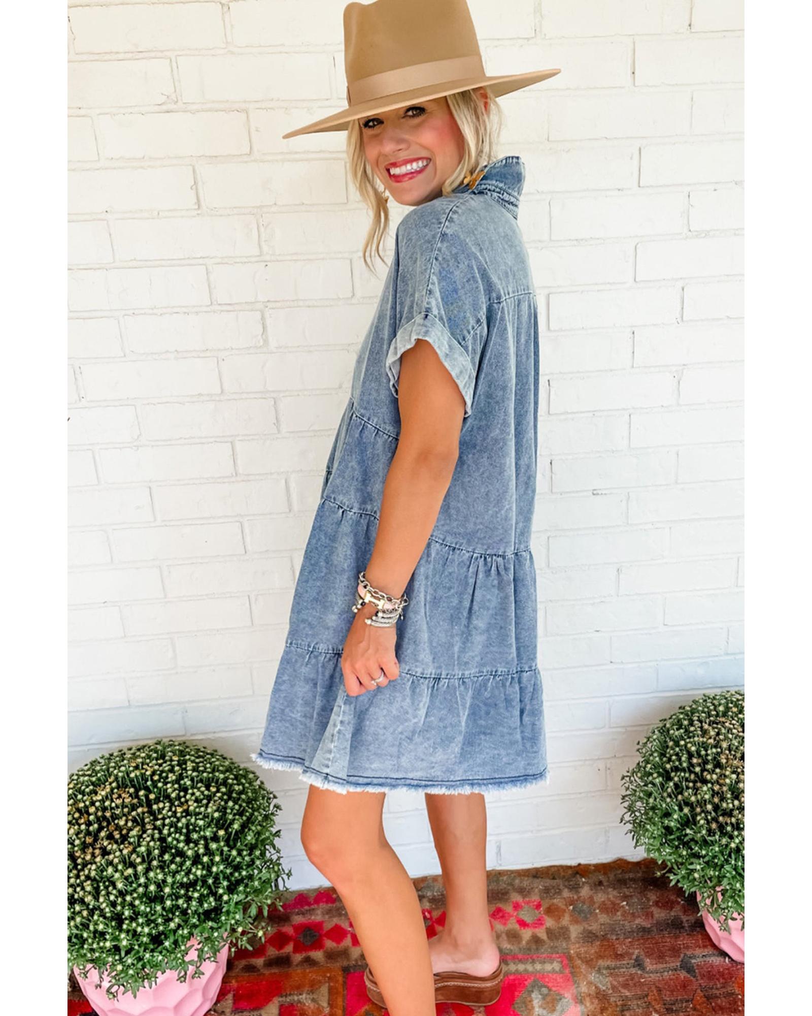 Sky Blue Acid Wash V Neck Tiered Denim Dress - L 4