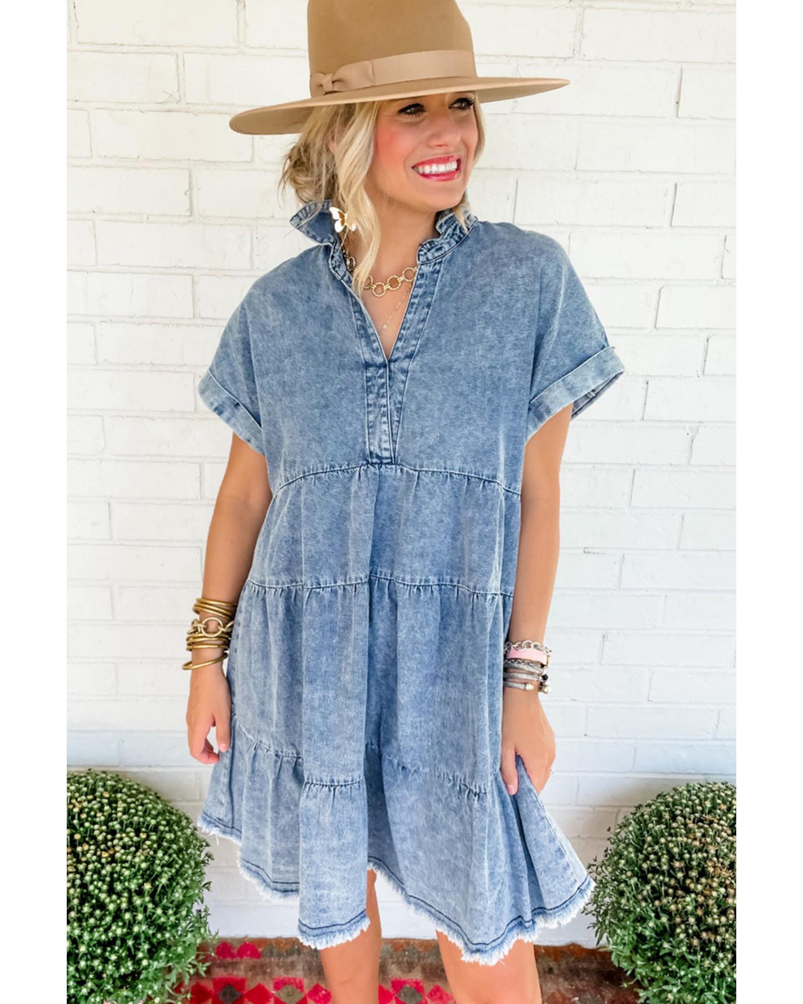 Sky Blue Acid Wash V Neck Tiered Denim Dress - M 3