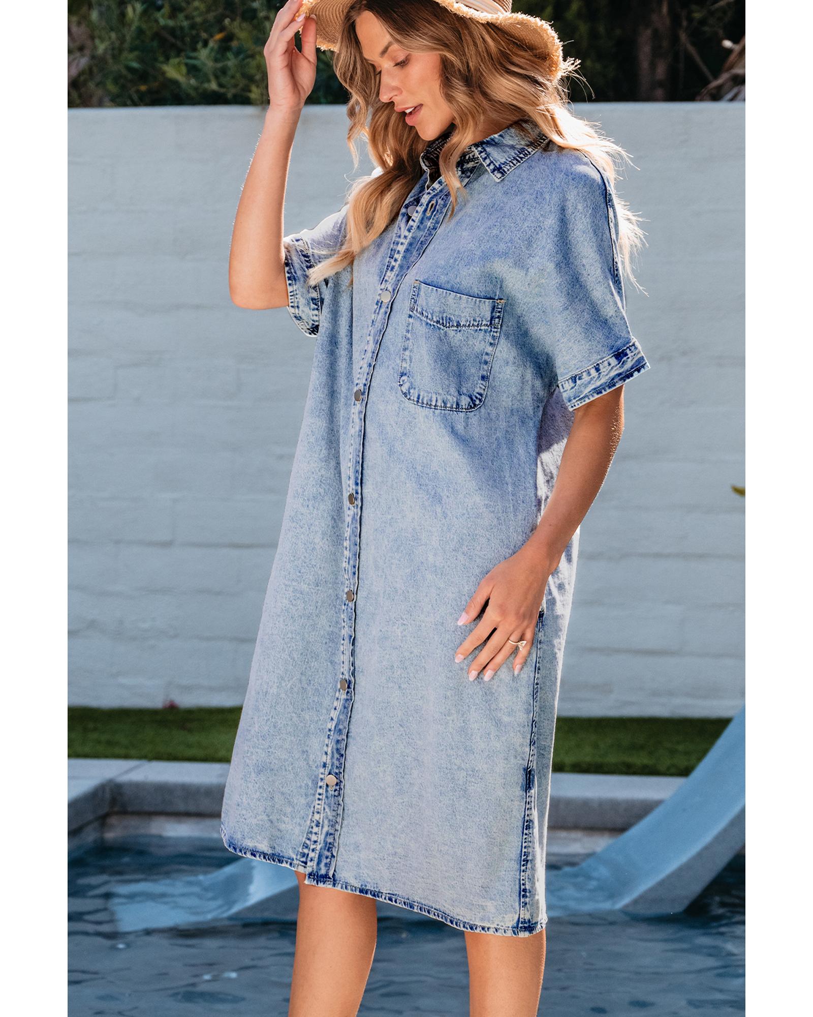 Light Blue Loose Medium Wash Short Sleeve Shirt Chambray Dress - L 3
