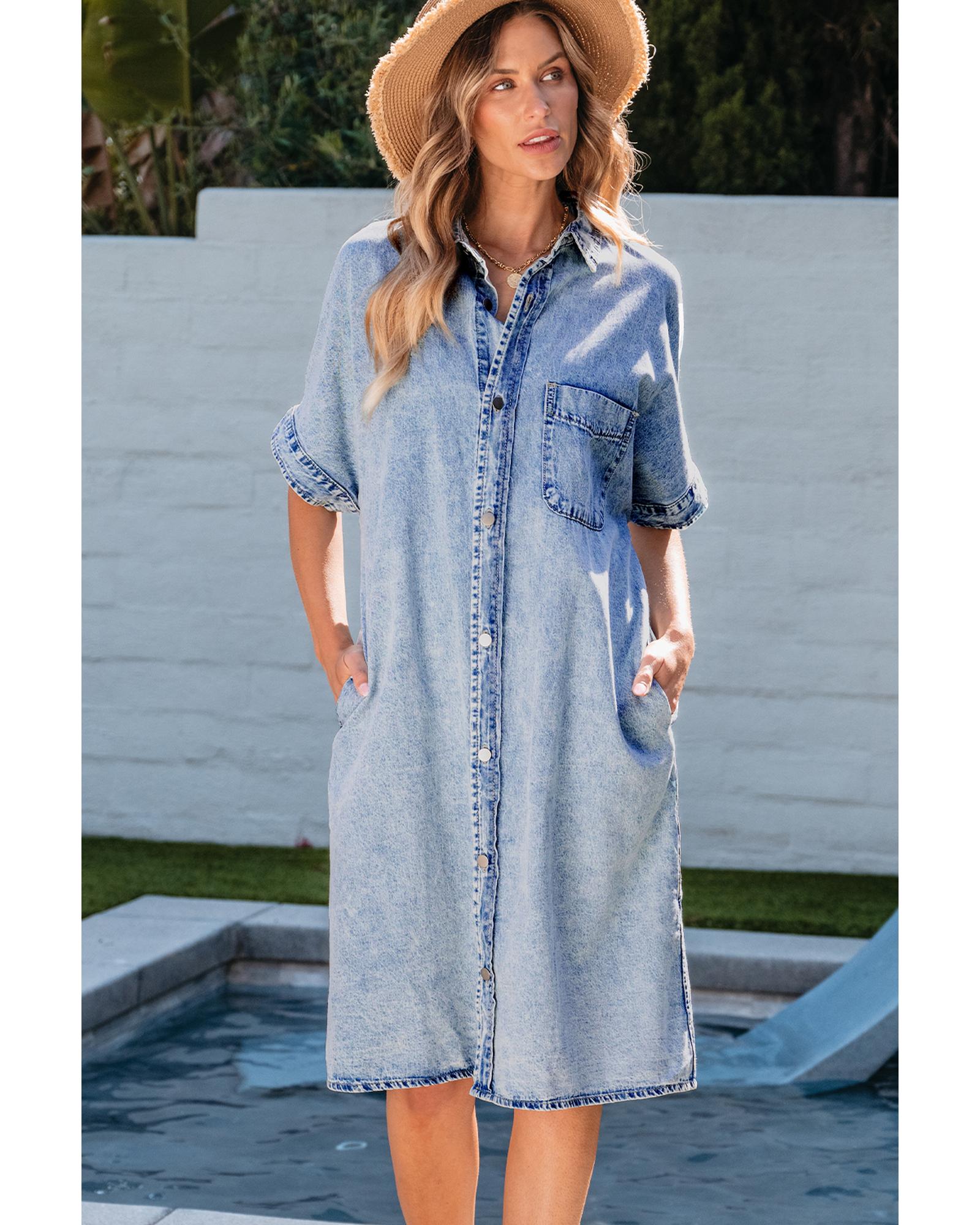 Light Blue Loose Medium Wash Short Sleeve Shirt Chambray Dress - M