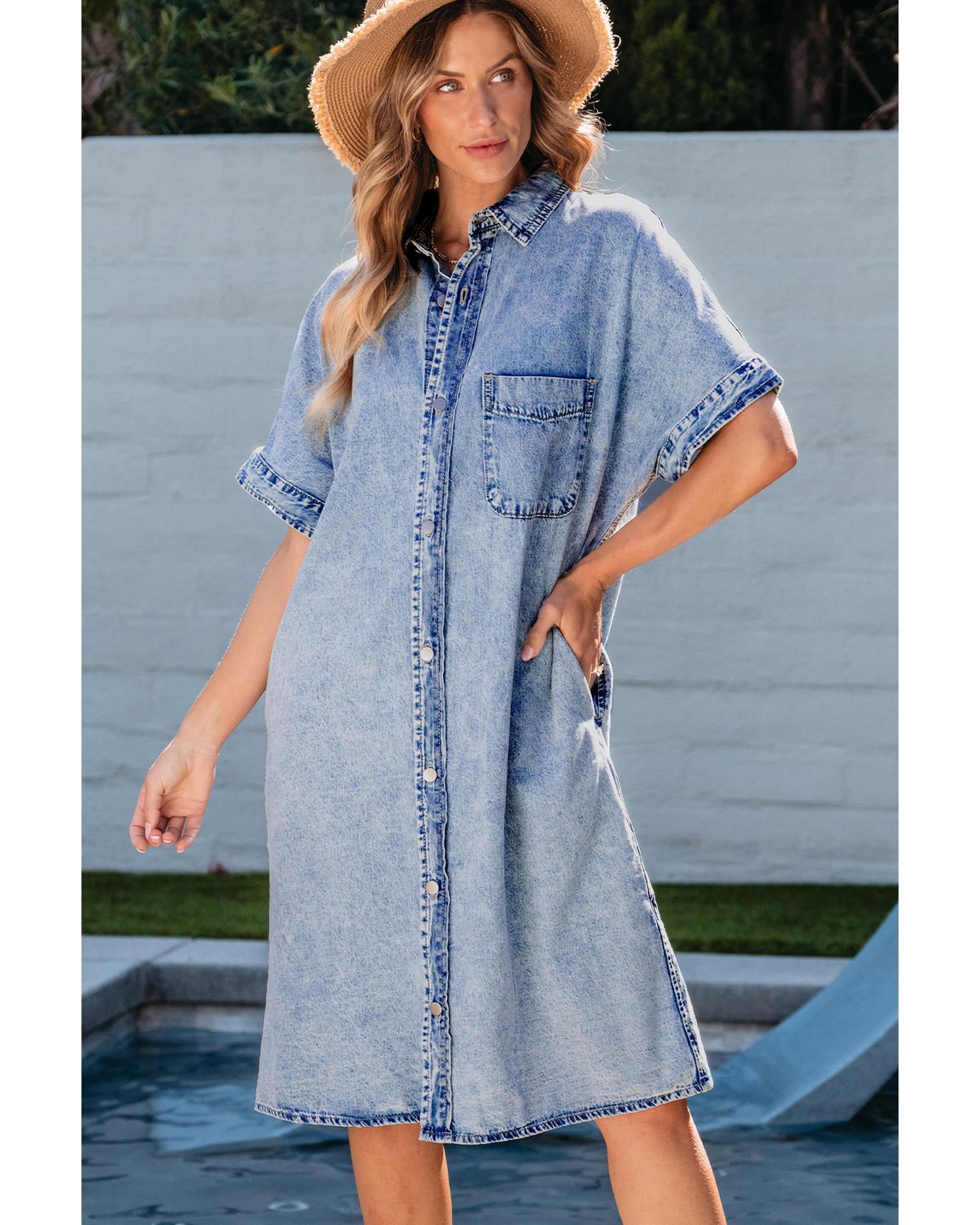 Light Blue Loose Medium Wash Short Sleeve Shirt Chambray Dress - M