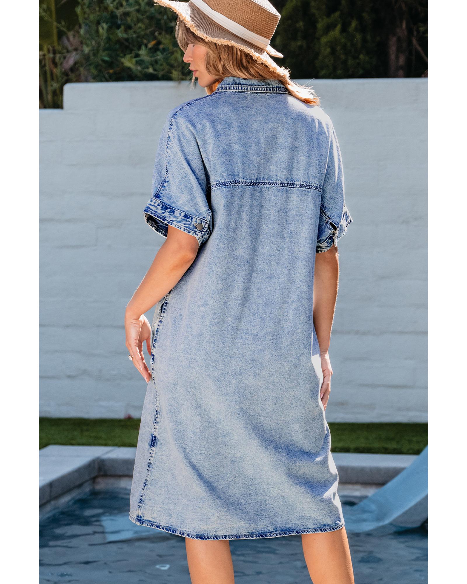 Light Blue Loose Medium Wash Short Sleeve Shirt Chambray Dress - M 4