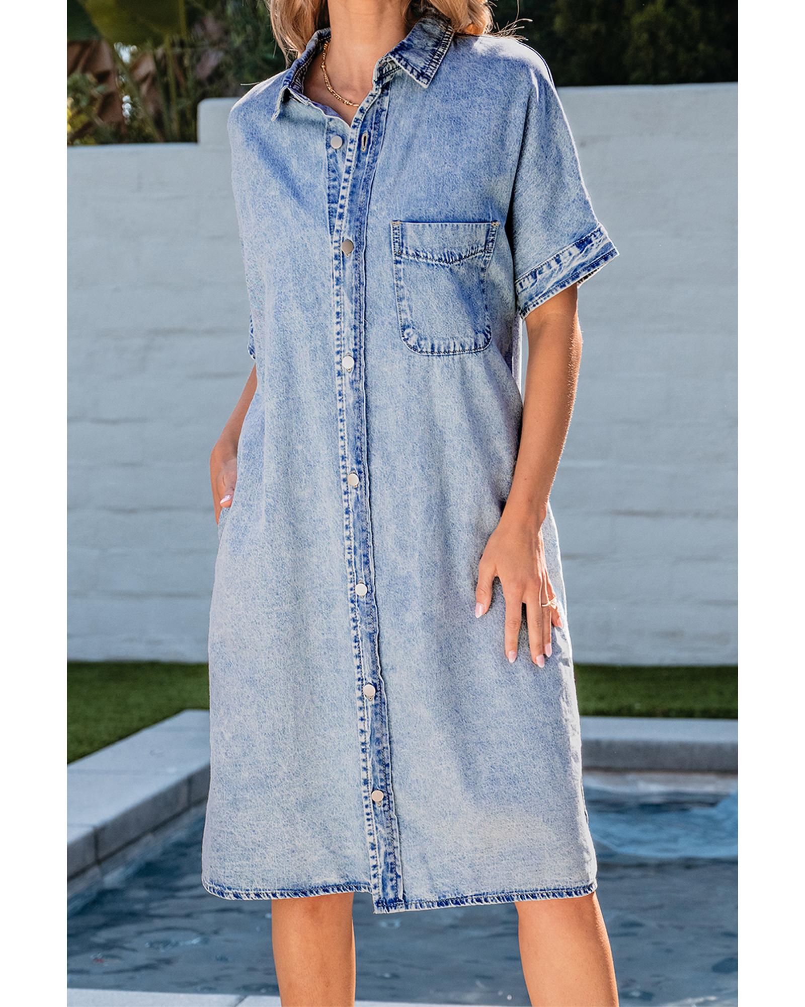 Light Blue Loose Medium Wash Short Sleeve Shirt Chambray Dress - M 5