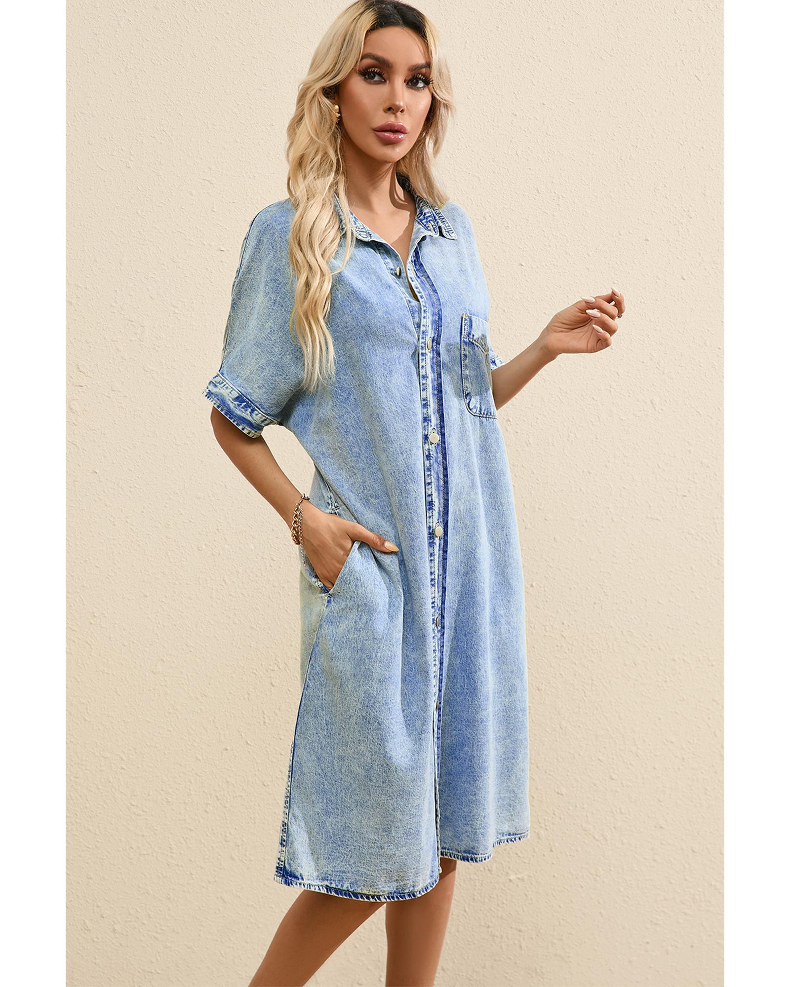 Light Blue Loose Medium Wash Short Sleeve Shirt Chambray Dress - S 6