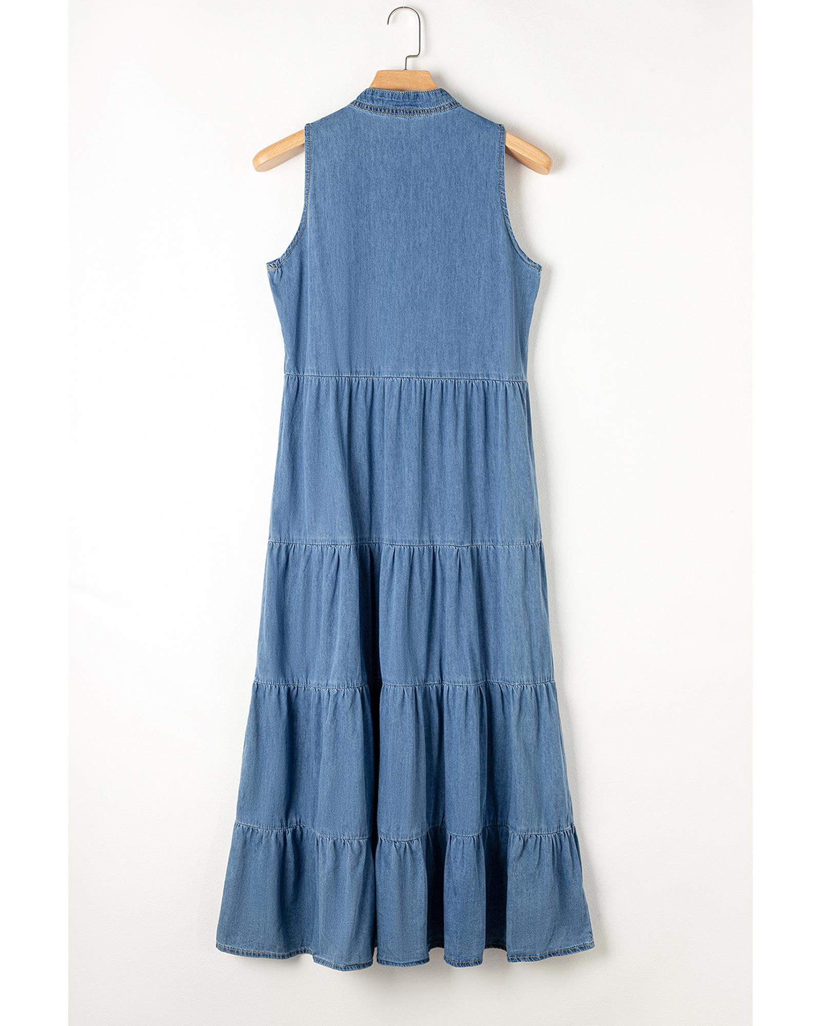 Blue Sleeveless Tiered Chambray Maxi Dress - S